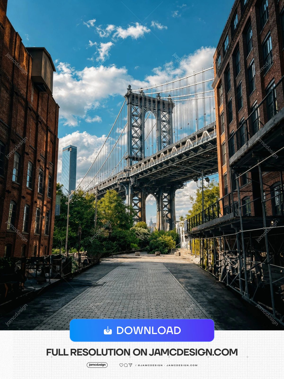 Manhattan Bridge Urban Street Brick Canyon Background Photo JPG. JPG background photo of a steel suspension bridge framed by brick buildings and a paved city — Additional preview