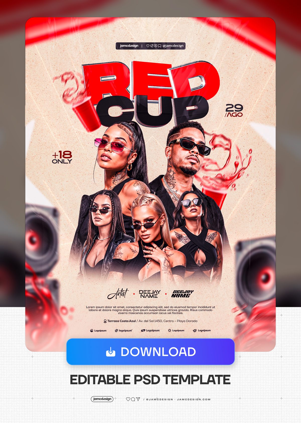 Modèle De Flyer De Portraits De Mode Avec Lunettes De Soleil Et Gobelet Rouge PSD. Modèle de Flyer pour Événement PSD Modifiable mettant en scène quatre — Aperçu supplémentaire