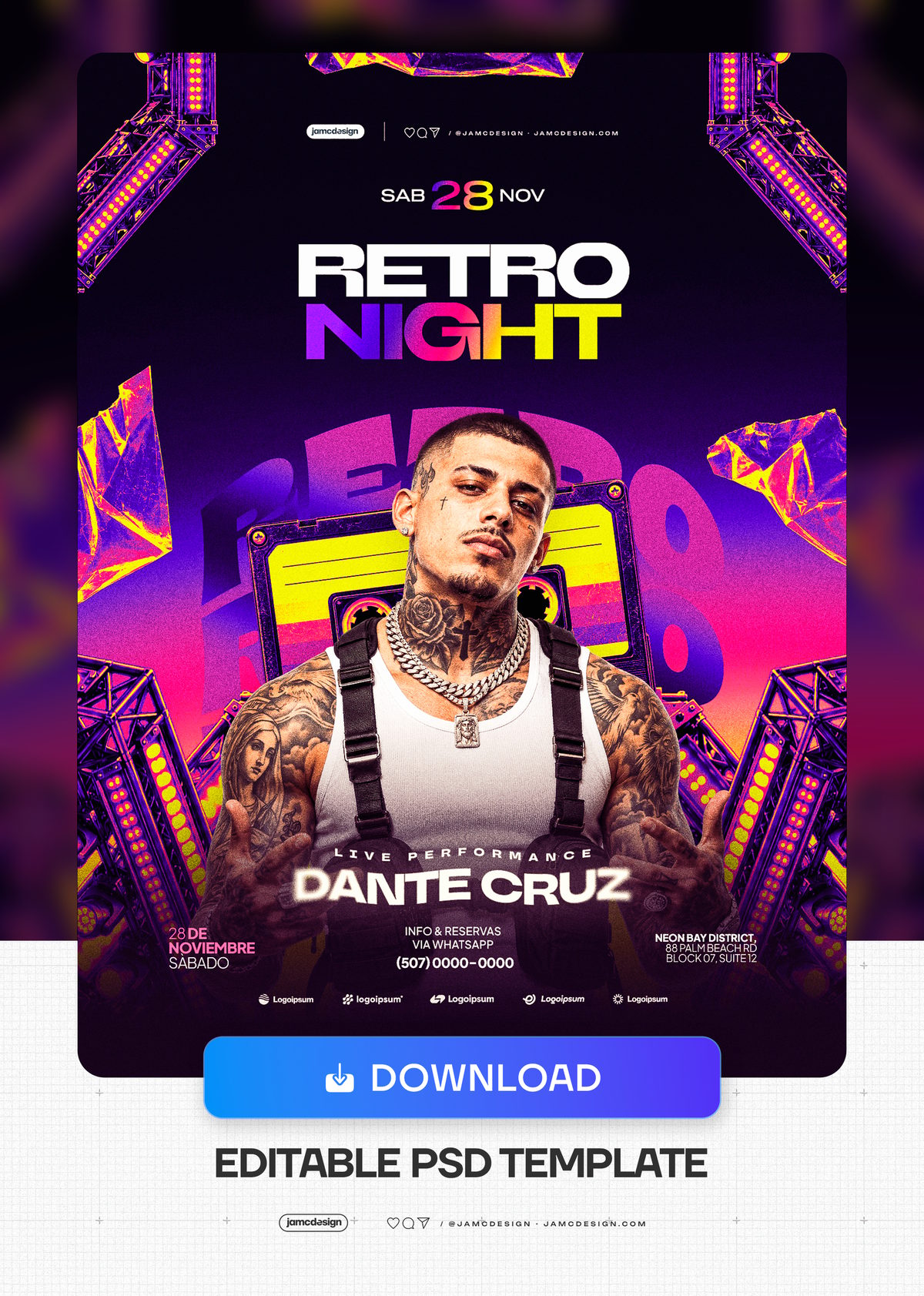 Retro Night Event Flyer Template PSD. Retro PSD event flyer featuring a tattooed man, bold neon lettering and geometric stage lights against a dark purple — Additional preview