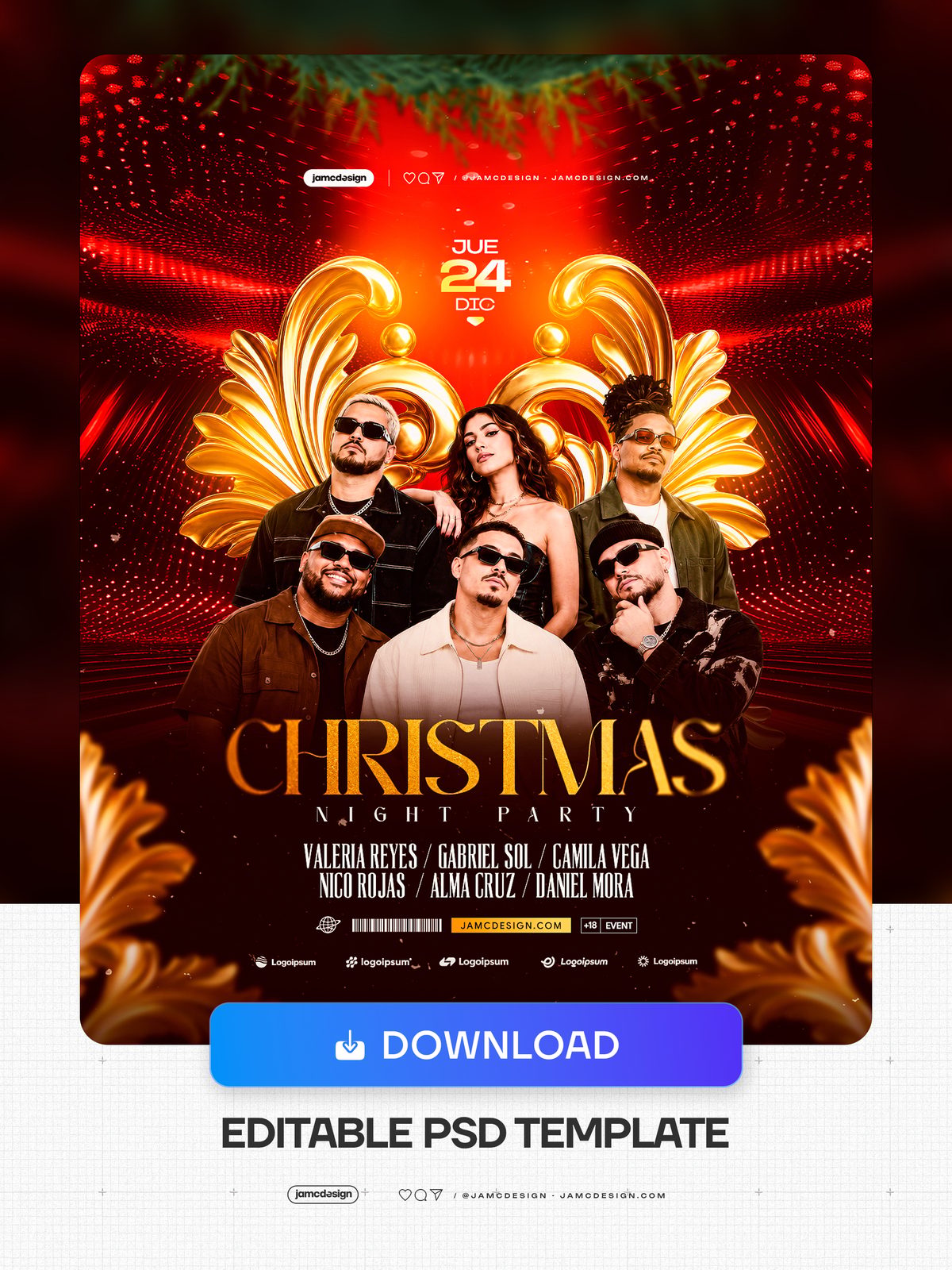 Red Christmas Night Party Flyer Template PSD. Download this PSD event flyer featuring a Christmas night party, a group of men and women — Additional preview