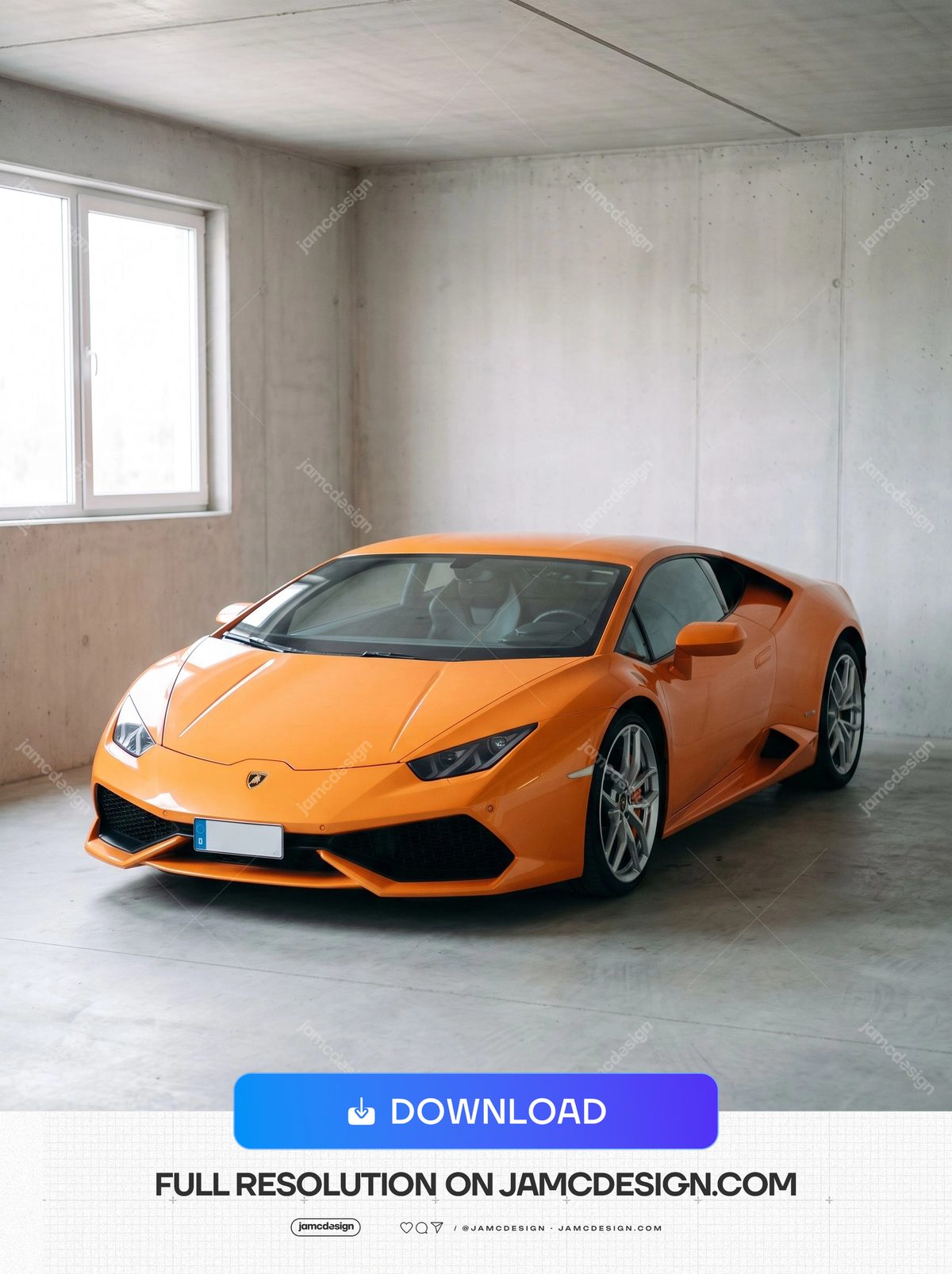 Orange Lamborghini Huracán In A Concrete Garage. This JPG photo features an orange sports car parked in a bright concrete garage — Additional preview
