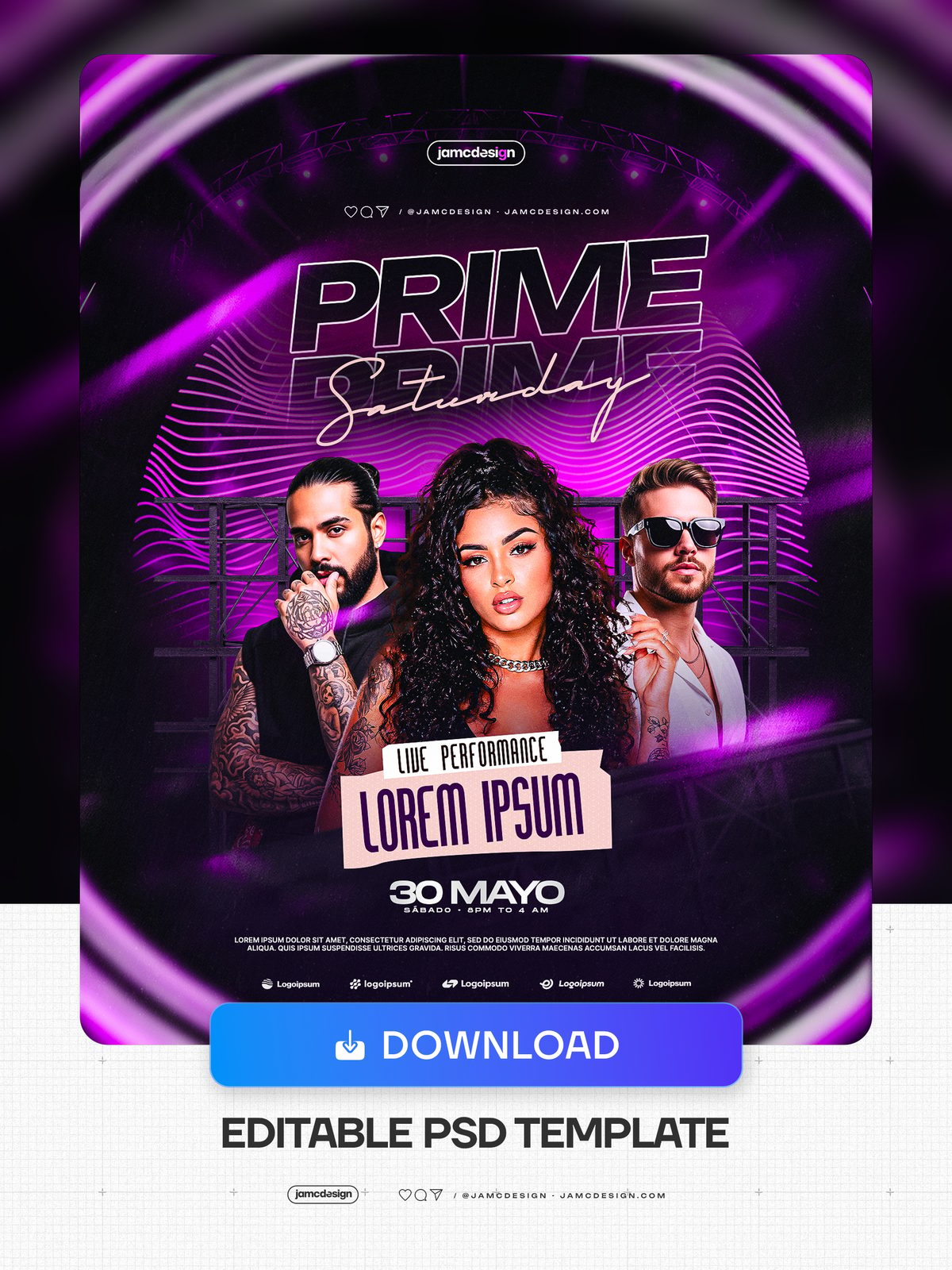 Plantilla de Flyer Sábado Prime PSD Editable. Flyer de evento em PSD editável com estética neon roxa, três figuras, fundo de treliça de palco — Prévia adicional