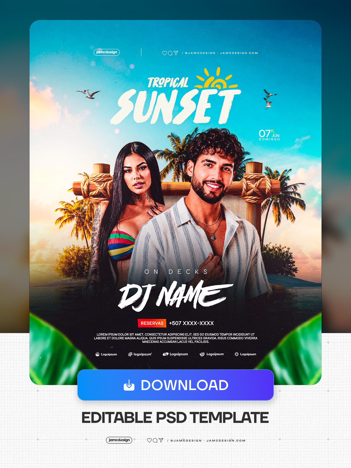 Flyer PSD Para Evento Tropical Ao Pôr Do Sol. Modelo de PSD editável para um flyer de evento tropical ao pôr do sol com céu laranja quente e azul, palmeiras — Prévia adicional