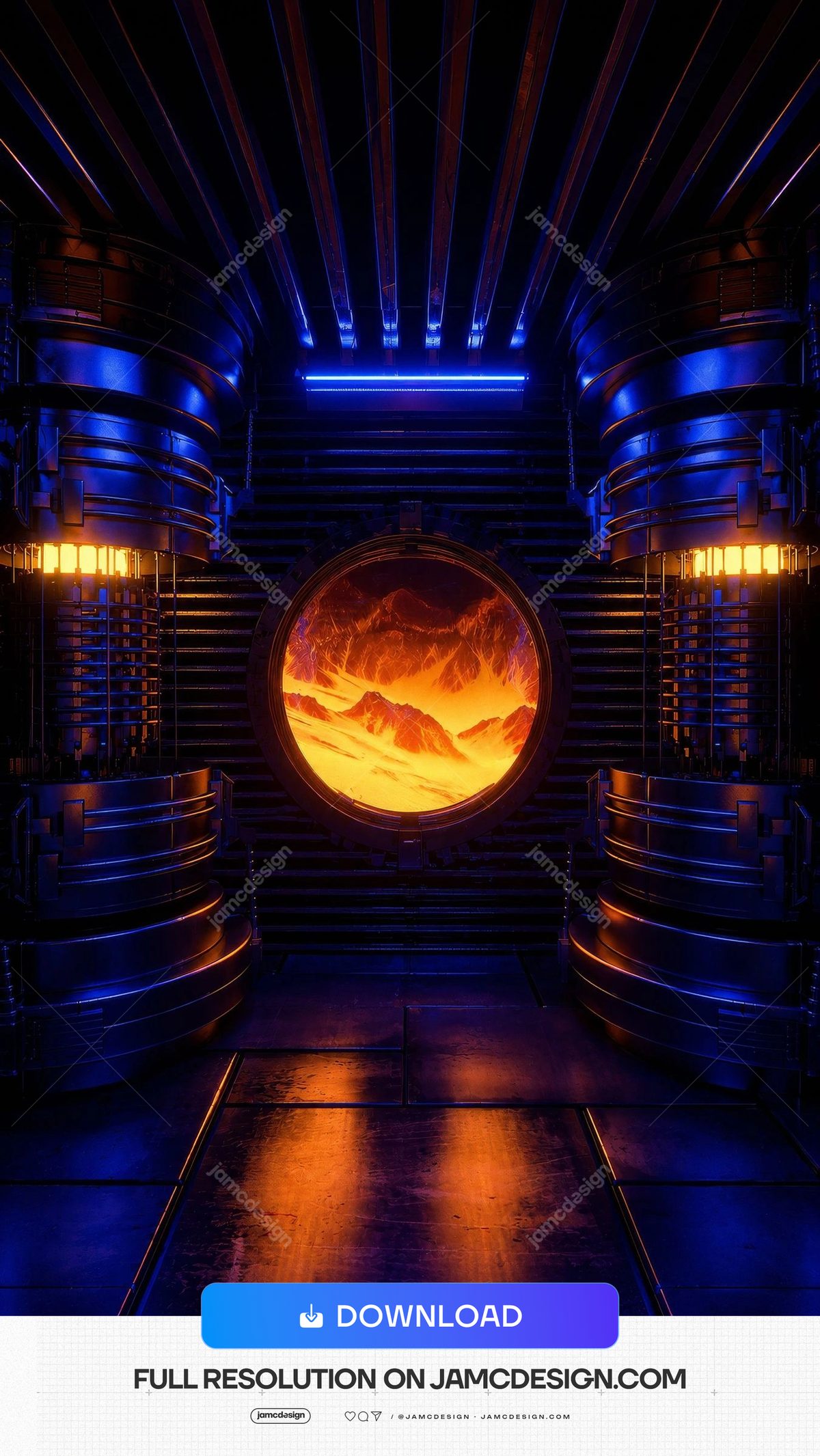 Sci Fi Corridor Circular Window Lava Planet Background. JPG background of a sci-fi corridor featuring a central circular window that frames a glowing lava — Additional preview