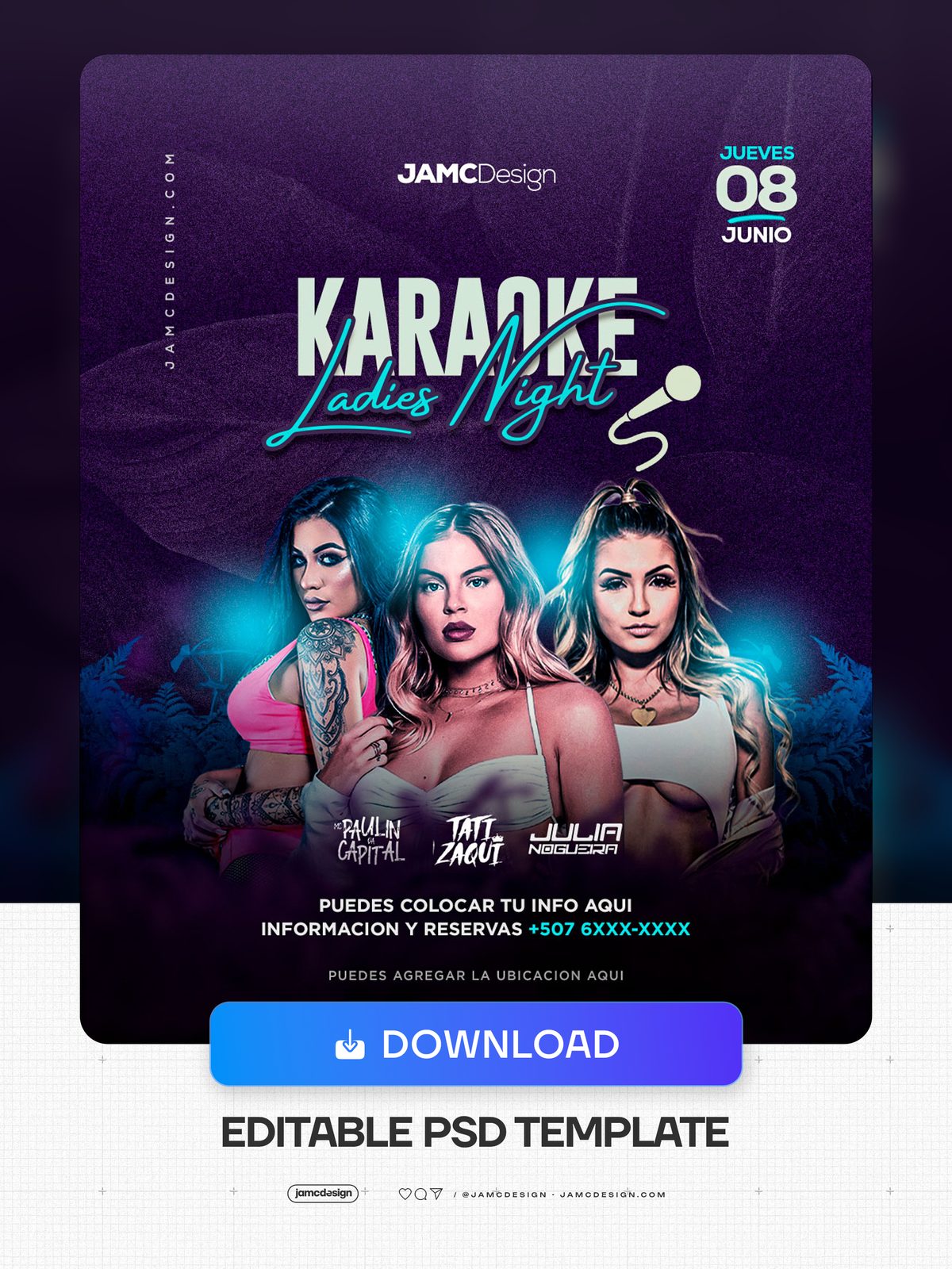 Ladies Night Karaoke Template PSD. Editable PSD template for a karaoke ladies night event flyer, with a deep purple gradient background, teal neon glow — Additional preview