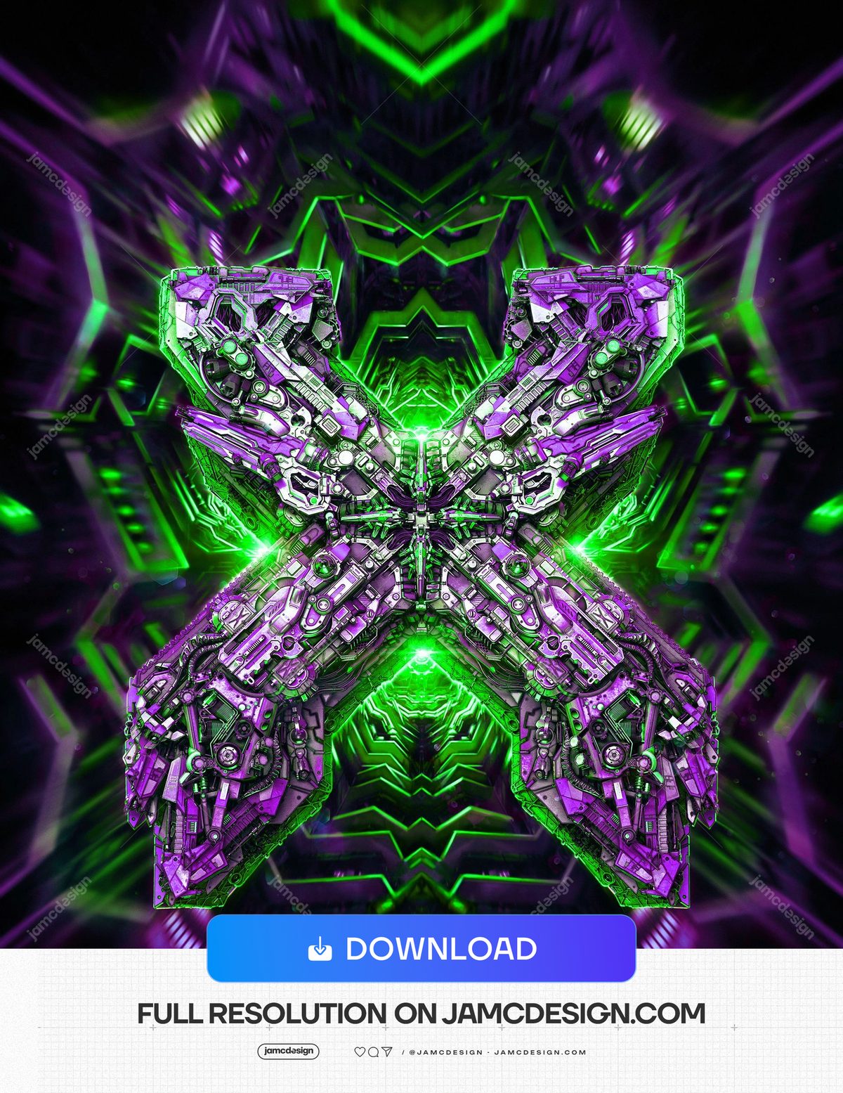 Cyberpunk Mechanical X Abstract Background. JPG background featuring a symmetrical abstract composition centered on a metallic purple and silver mechanical — Additional preview