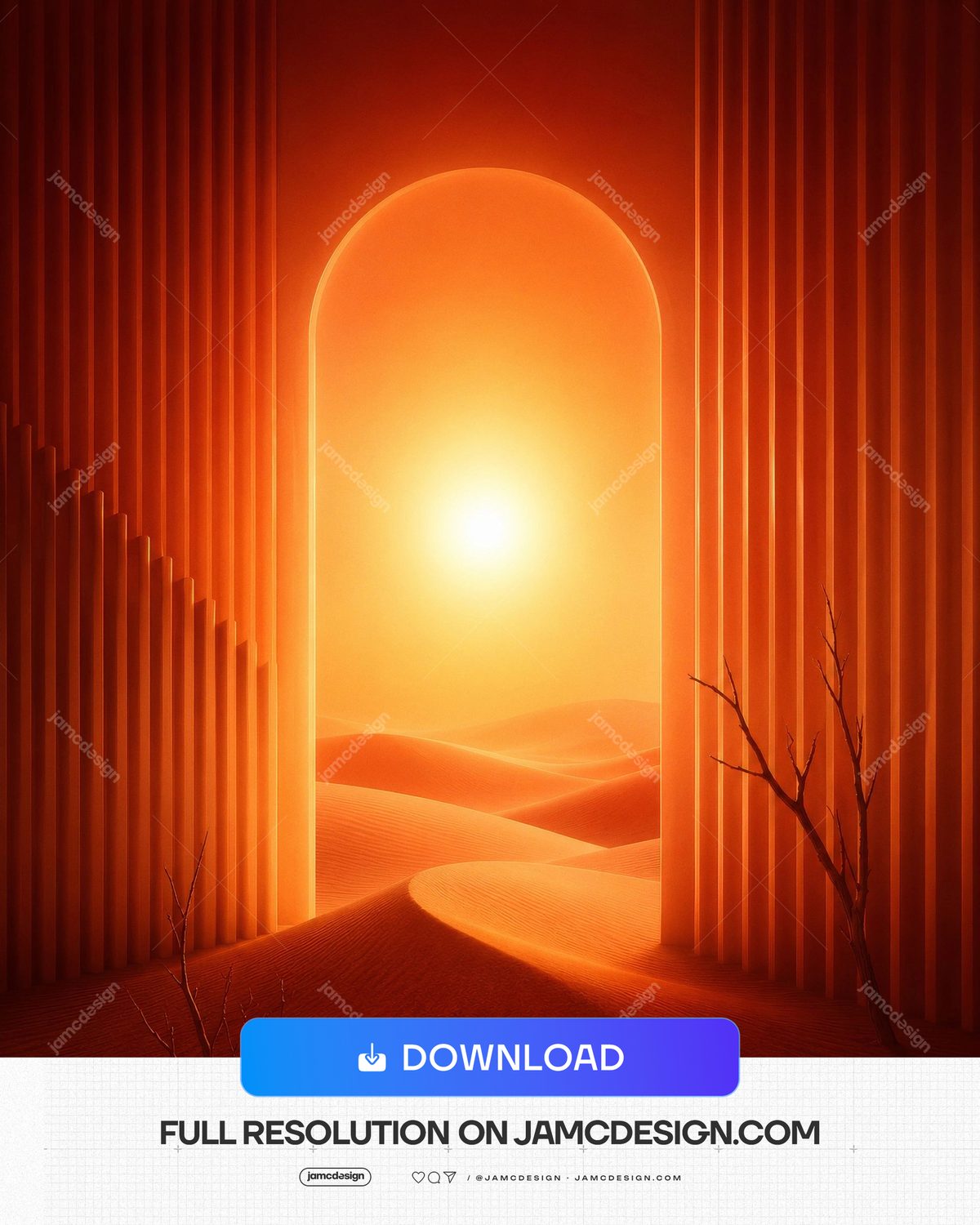 Desert Portal Glowing Sun Orange Dunes Background. Surreal desert portal scene as a JPG background — Additional preview