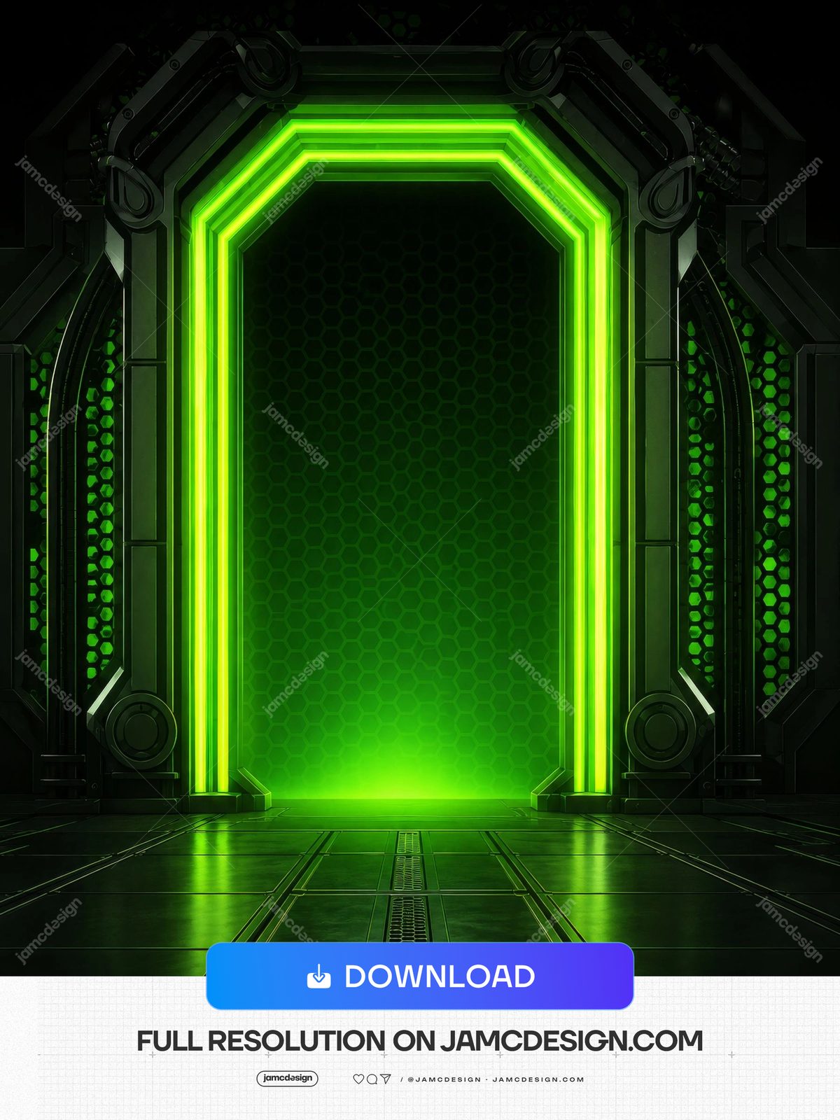 Futuristic Green Neon Metal Gateway Glow Portal Background. JPG background showing a futuristic sci fi gateway in a dark metallic interior — Additional preview