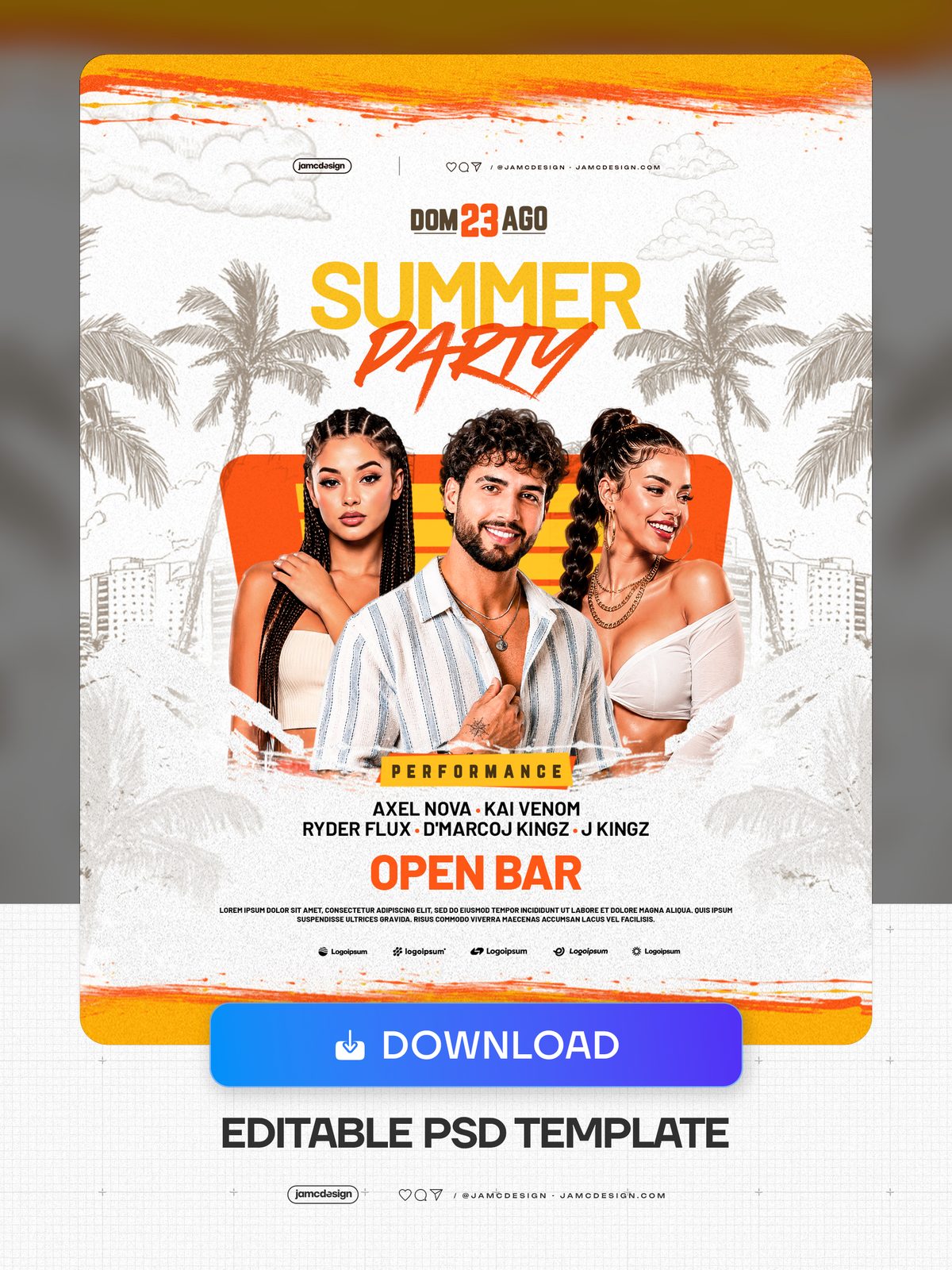 Plantilla De Flyer Diseño Fiesta De Verano PSD Editable. Plantilla de PSD editable para un flyer de fiesta de verano con una palmera dibujada a mano y fondo — Vista previa adicional