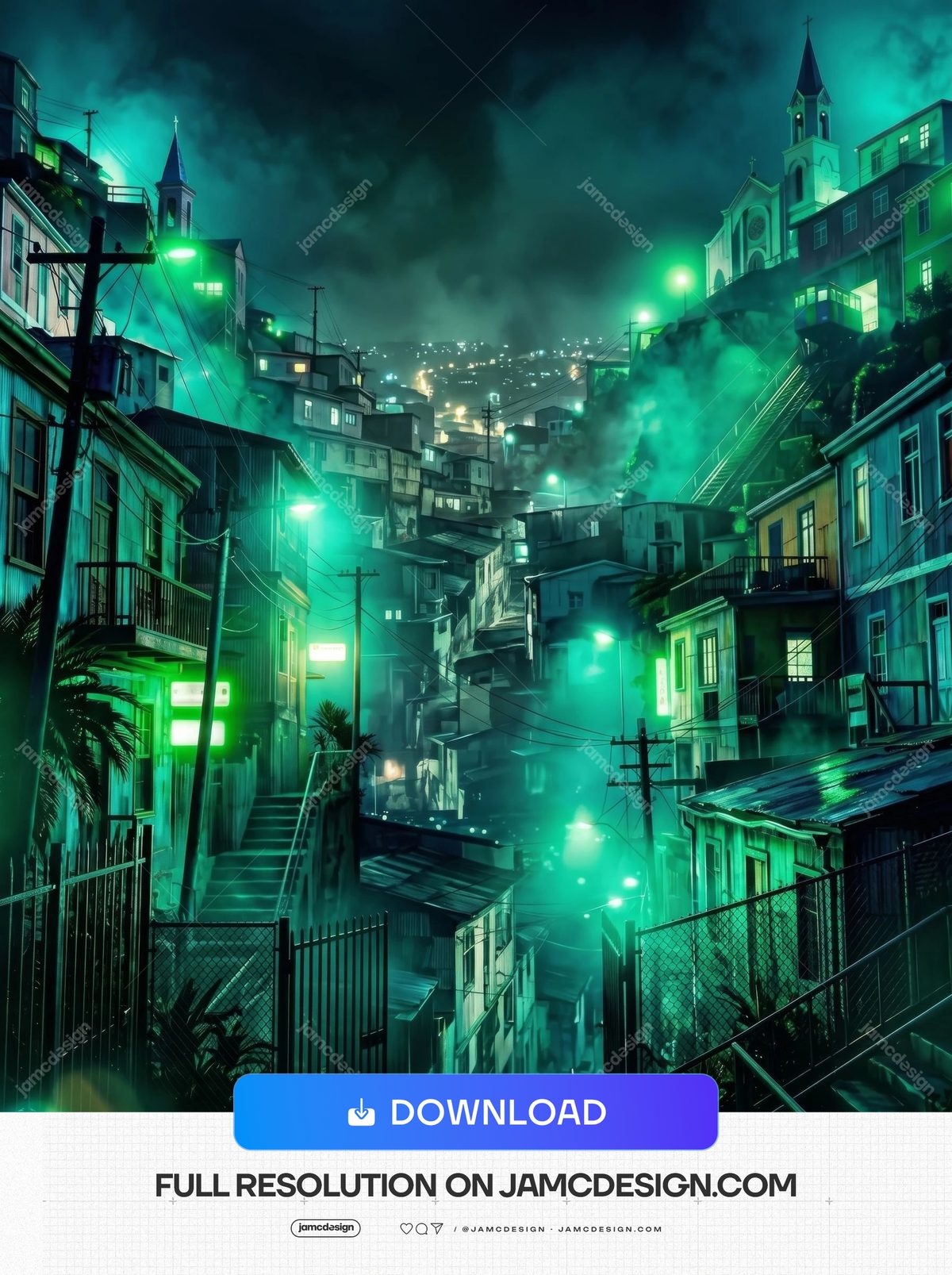 Teal Neon Fog Hillside Neighborhood Background. This JPG background depicts a densely built hillside neighborhood beneath teal neon fog, with narrow stairways — Additional preview