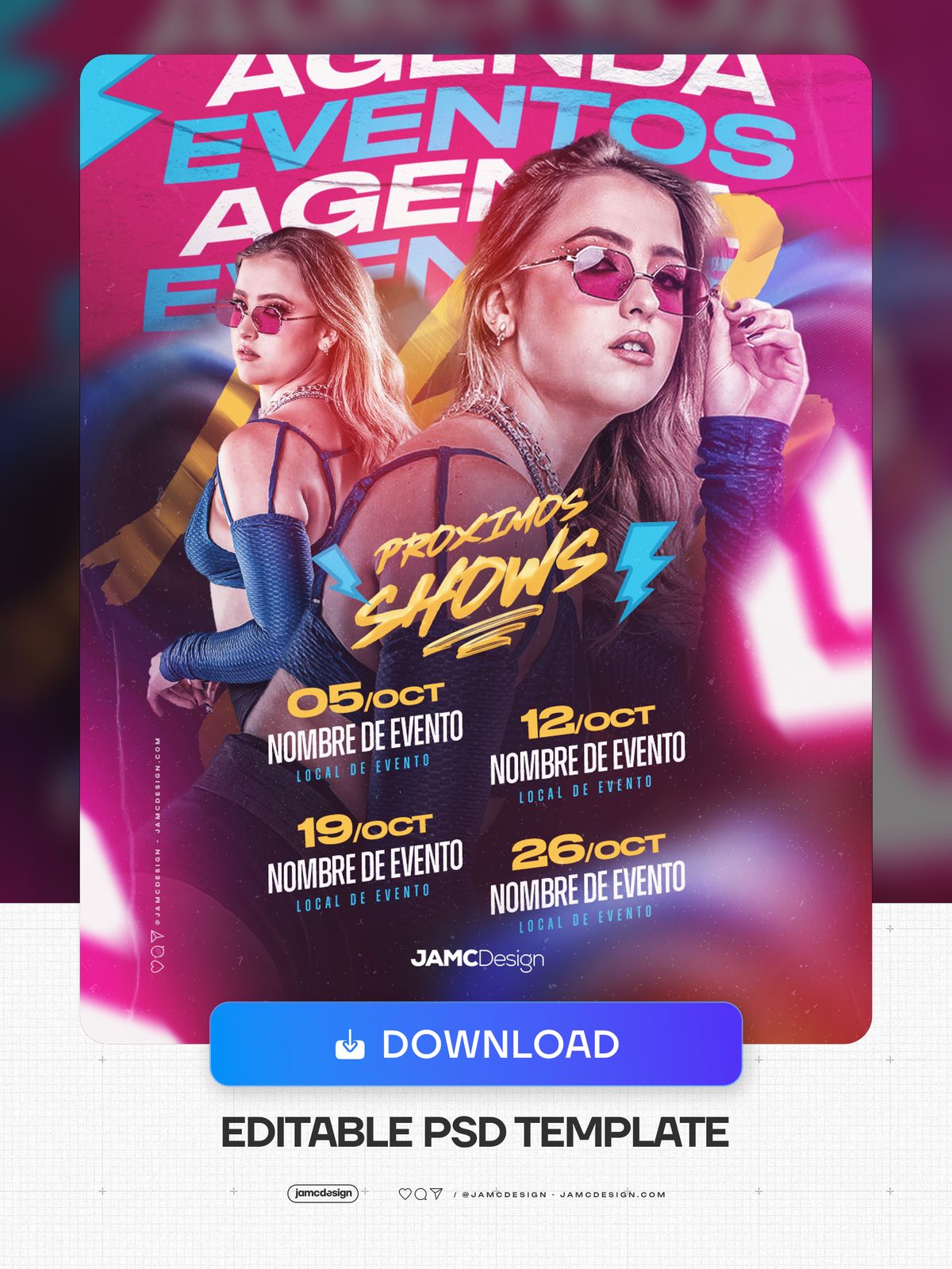 Agenda De Eventos Flyer Template PSD. Editable PSD template for an upcoming events agenda flyer, featuring two female models in glamorous styling — Additional preview