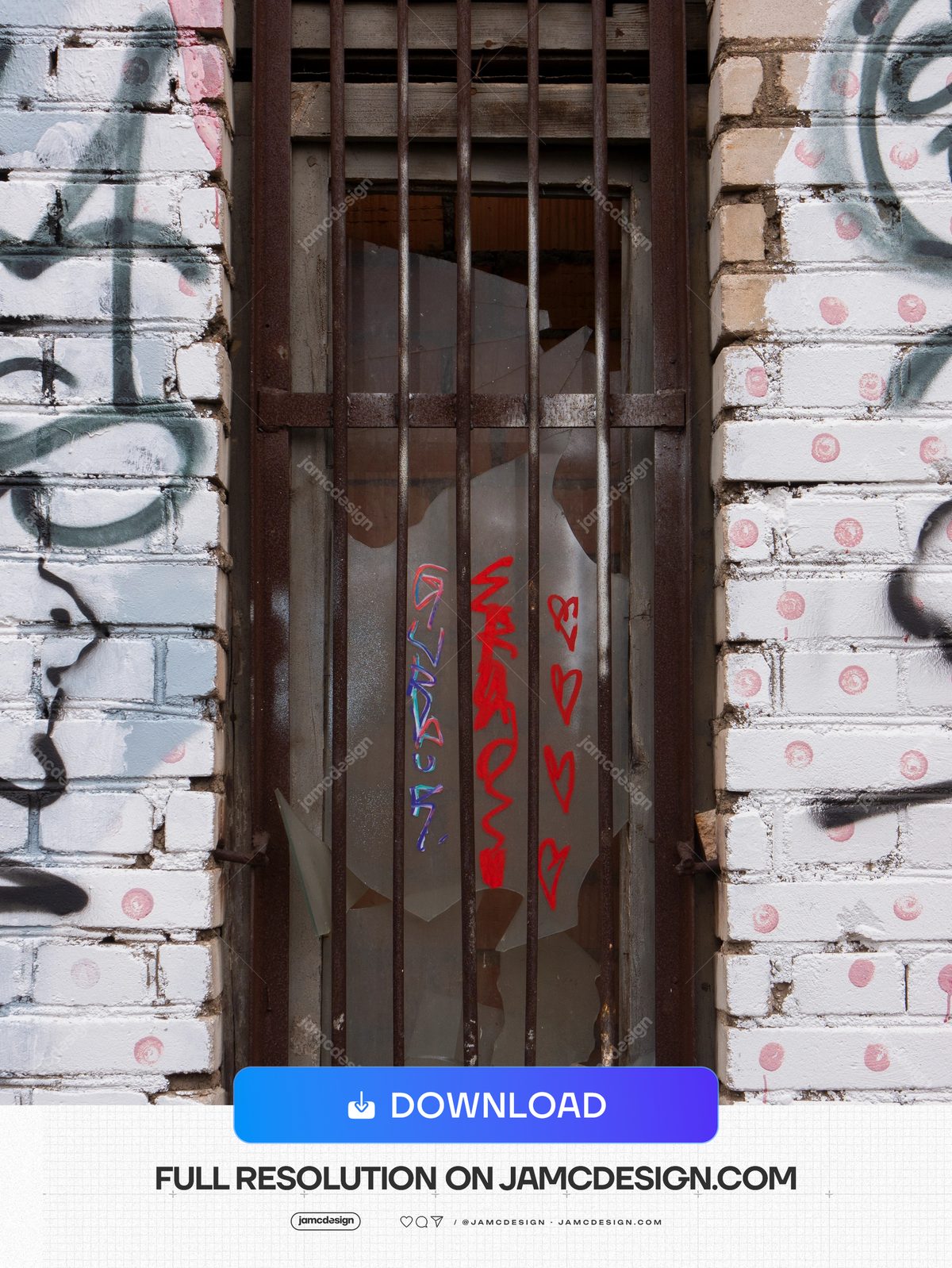 White Brick Texture With Graffiti And Metal Bars PNG. This PNG texture photograph shows a barred metal opening framed by white brickwork with graffiti and pink — Additional preview