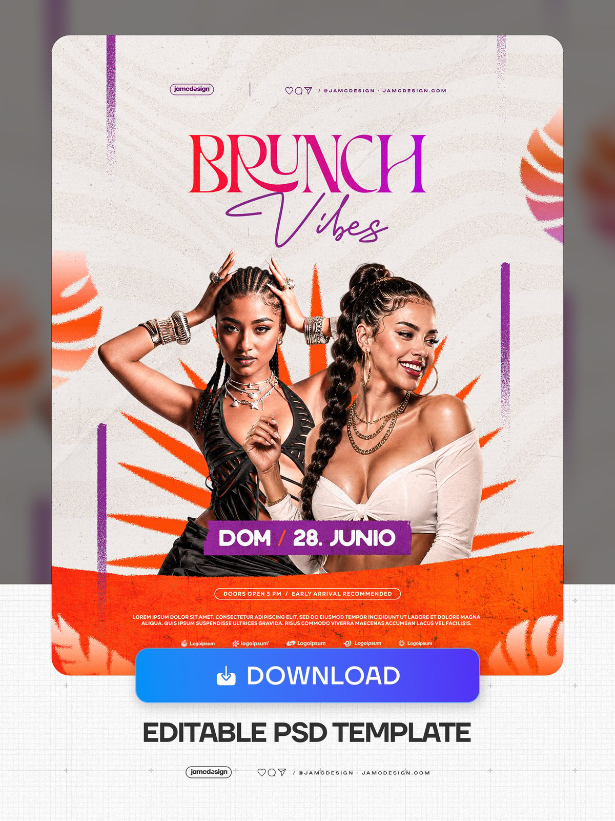 Plantilla PSD De Flyer De Brunch Con Hojas Tropicales. Plantilla de PSD editable para un flyer de evento social diurno — Vista previa adicional