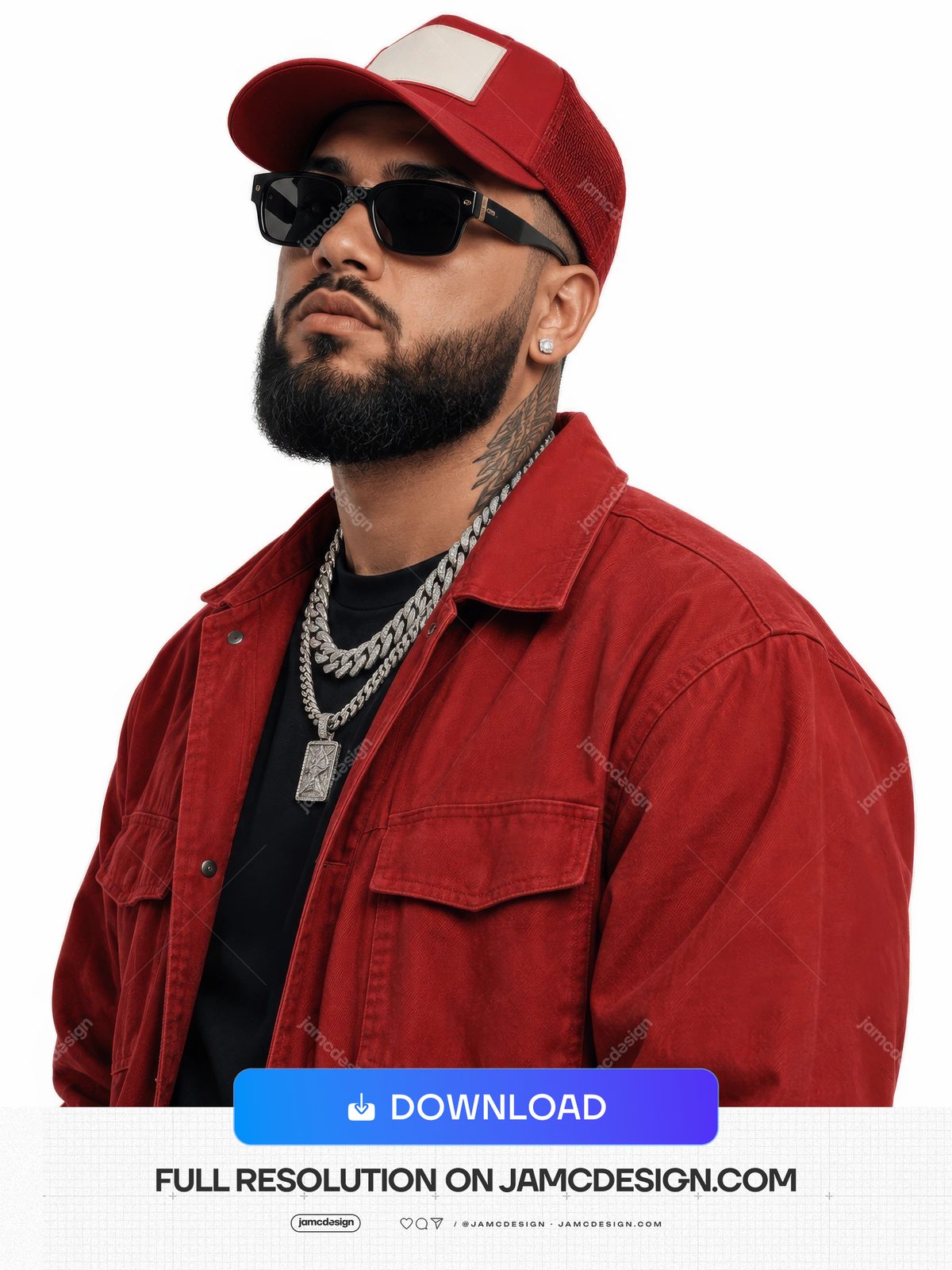 Bearded Urban Artist In Red Jacket PNG. Download this PNG photo of a bearded man in a red jacket and cap — Additional preview