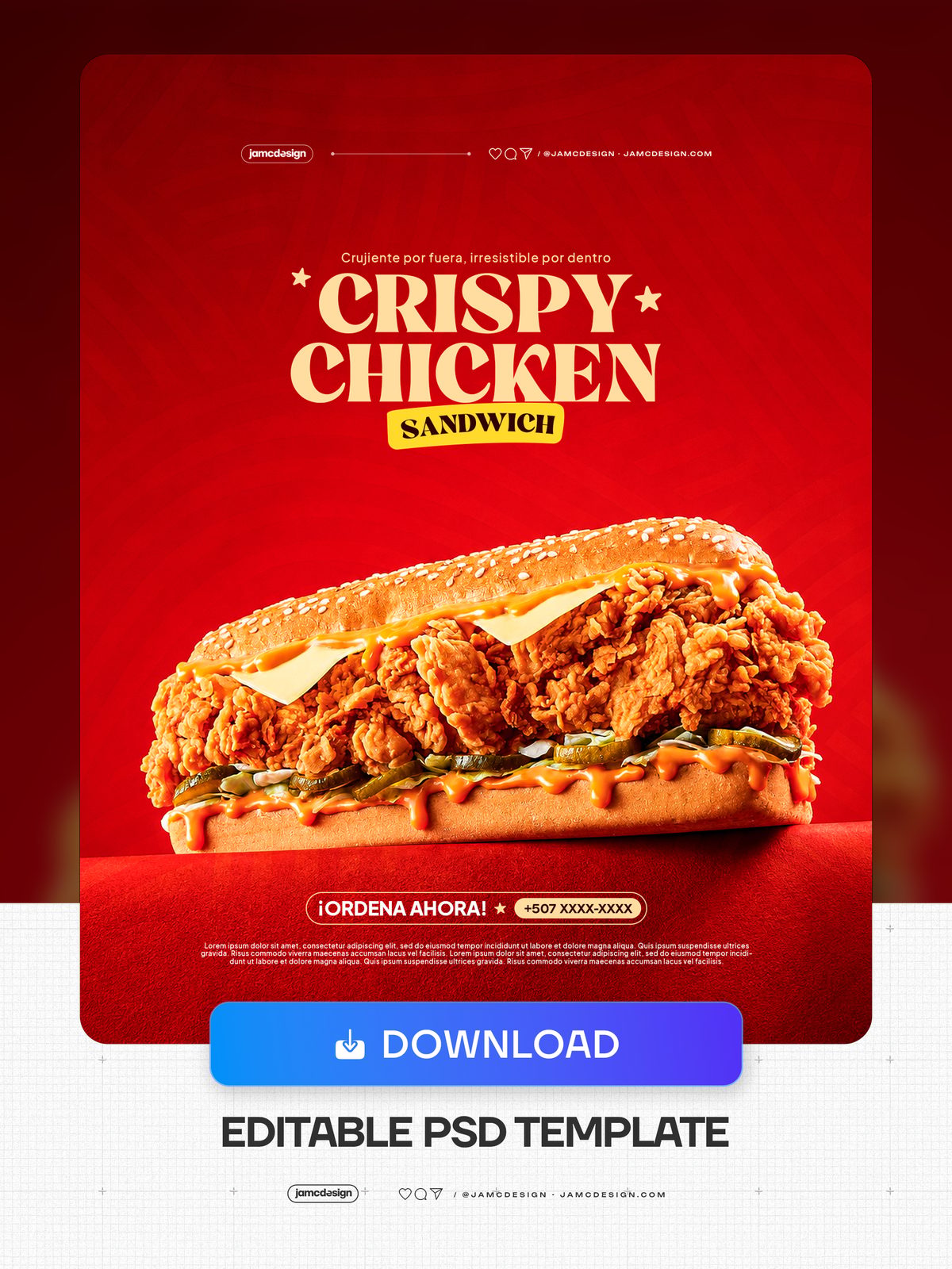 Modelo De Flyer Sanduíche De Frango Crocante PSD Editável. Modelo de PSD editável para um flyer promocional de sanduíche de frango crocante — Prévia adicional