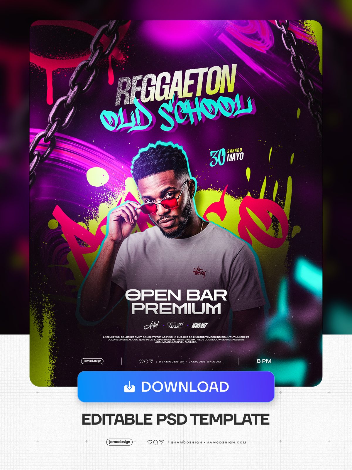 Reggaeton Old School Flyer Template PSD Editable. Editable PSD template for a reggaeton event flyer with a dark street-art aesthetic — Additional preview