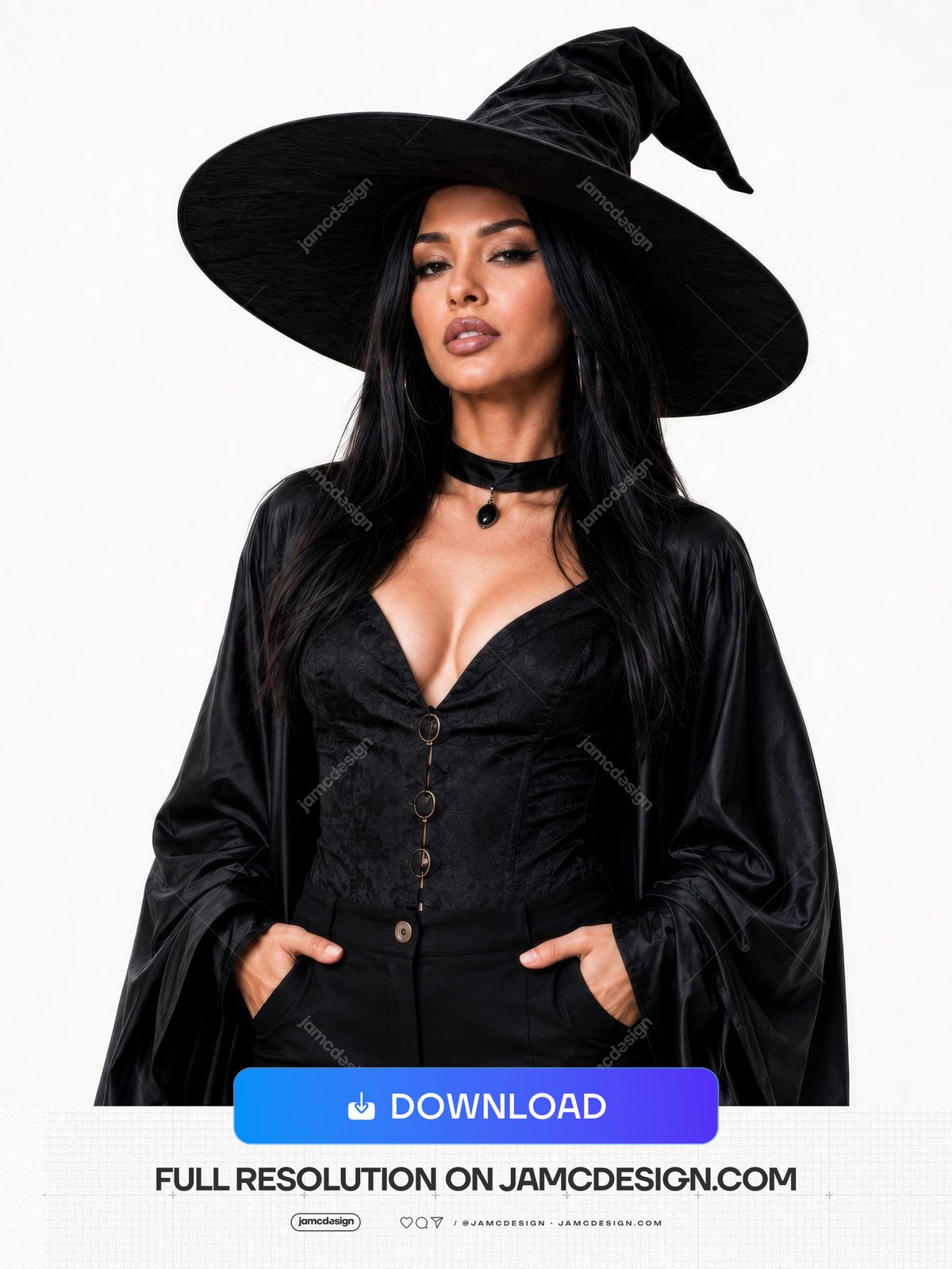 Retrato De Estudio De Hermosa Mujer Bruja Con Sombrero Negro. Foto JPG realista de una mujer con un amplio sombrero negro de bruja — Vista previa adicional