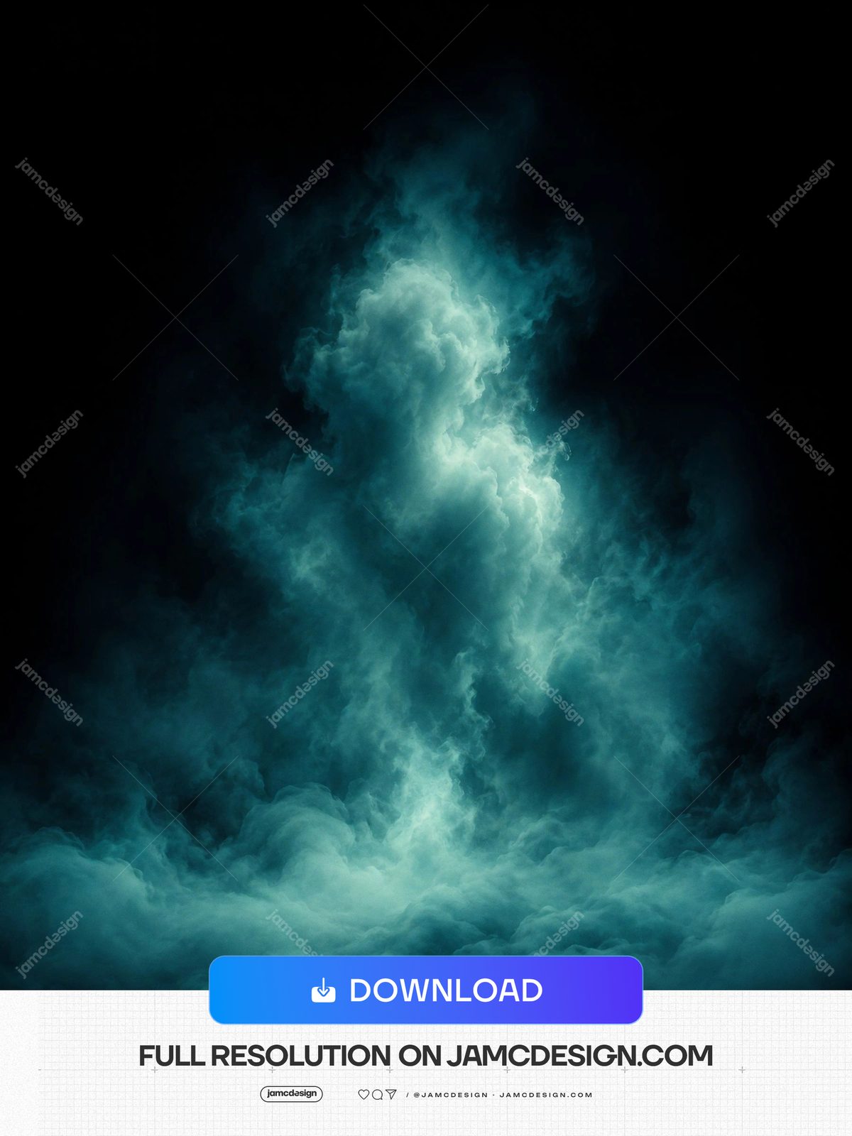 Teal Smoke Clouds With Dark Copy Space Vertical Teal Plume. JPG overlay texture showing billowing teal smoke illuminated against a nearly black background — Additional preview