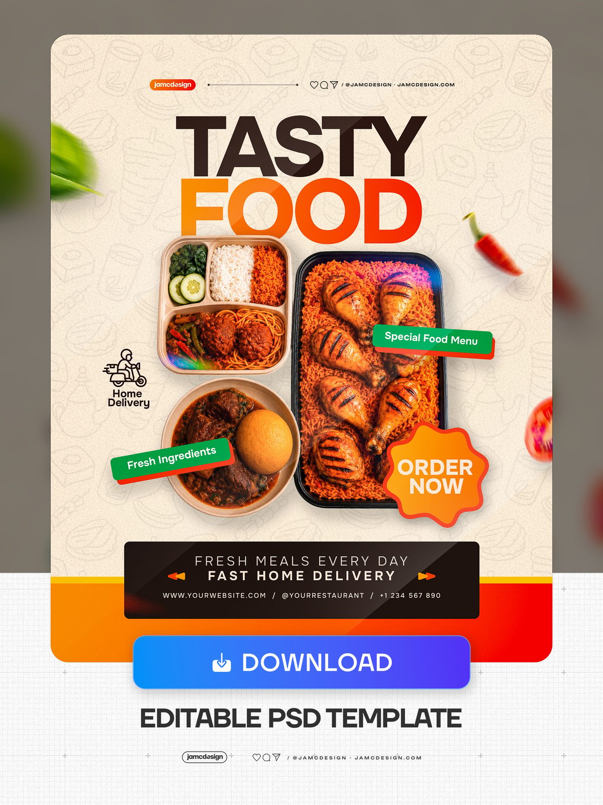 Tasty Food Delivery Restaurant Flyer Template PSD Editable. Editable PSD template for a food delivery social media flyer — Additional preview