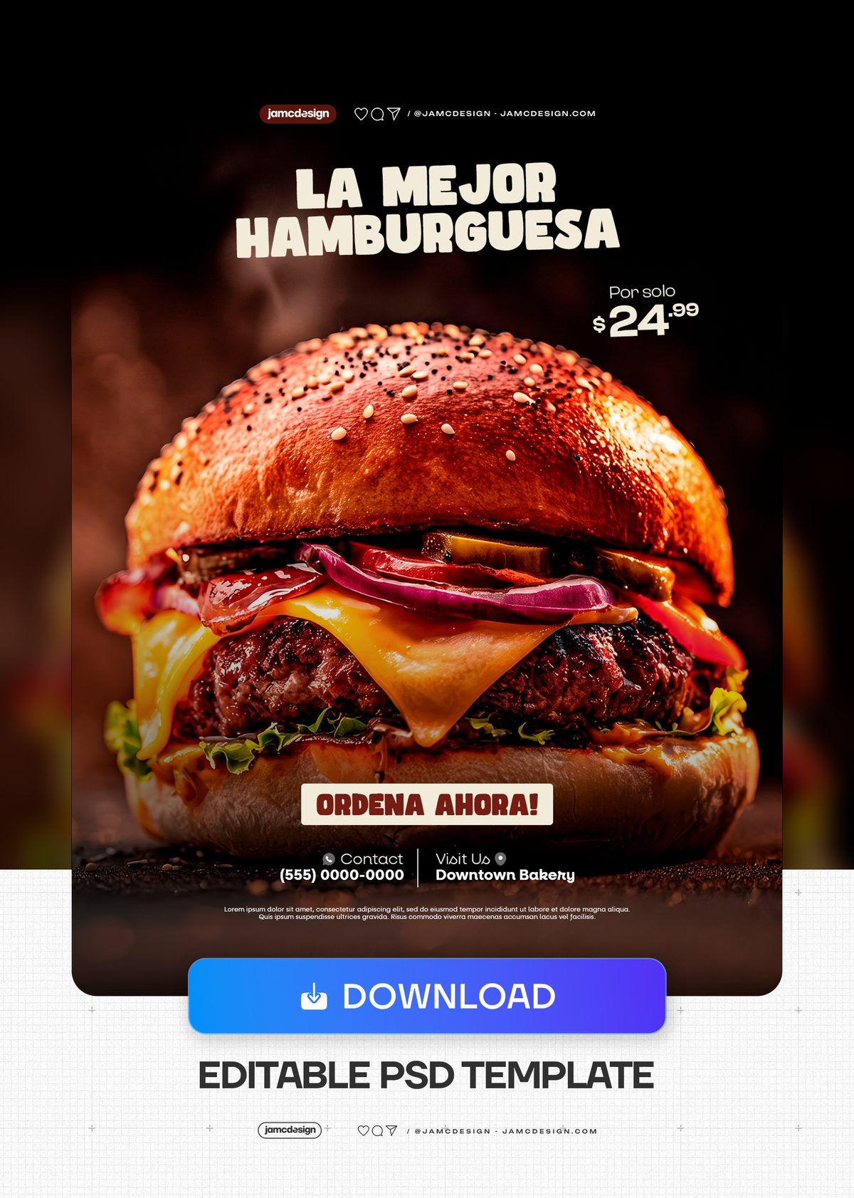Plantilla De Flyer De Promoción De Cheeseburger Con Pan Dorado De Sésamo PSD. Plantilla PSD editable para redes sociales de una promoción de hamburguesa — Vista previa adicional