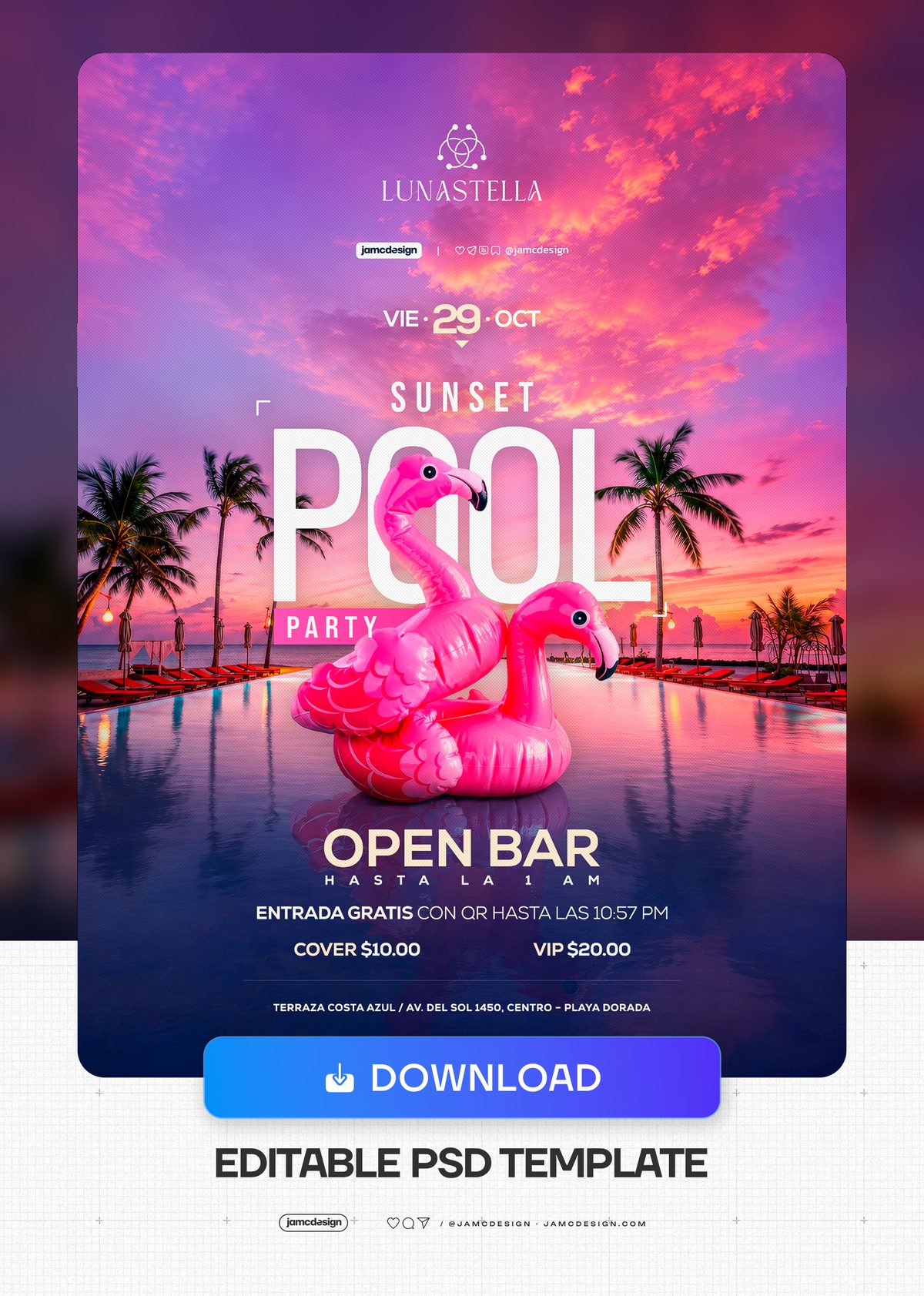 Modelo De Flyer Festa Na Piscina Ao Pôr Do Sol Com Flamingos Em Neon PSD. Modelo PSD Editável para Flyer de Festa na Piscina ao Pôr do Sol — Prévia adicional