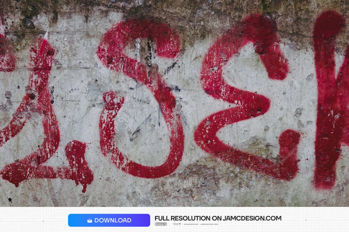 Distressed Concrete Texture With Red Graffiti. This JPG texture shows rough, weathered concrete covered with broad red graffiti strokes and scattered stains — Additional preview