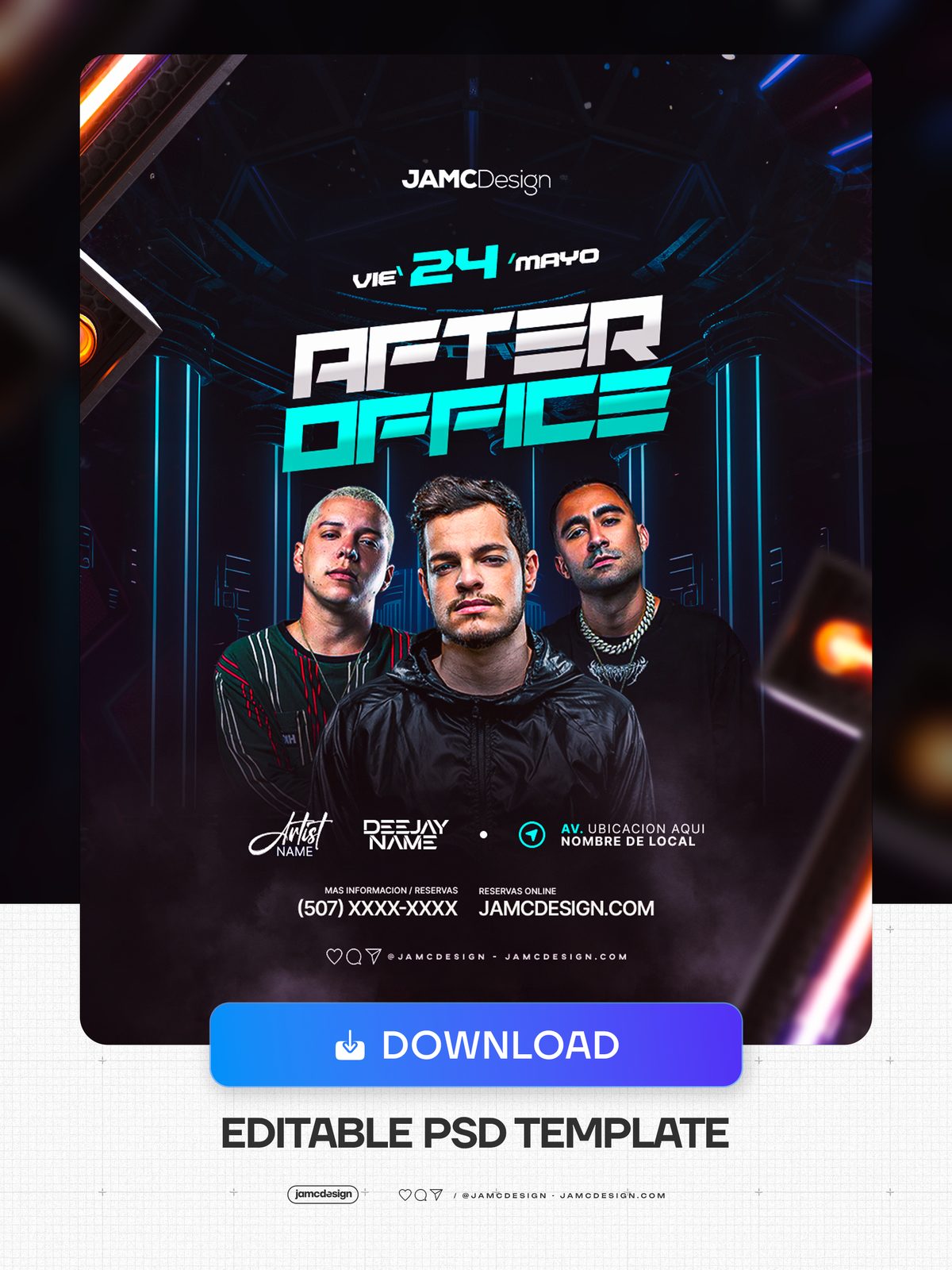 After Office Flyer Template PSD. Editable PSD template for an after-work event flyer, featuring a dark futuristic interior with cyan neon lighting — Additional preview