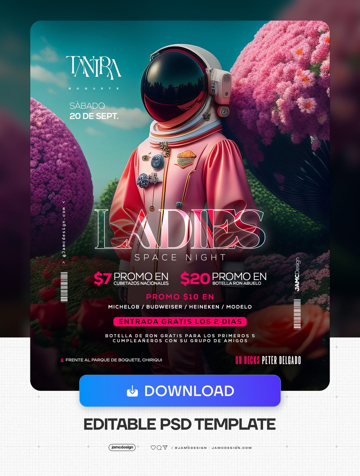 Ladies Space Night Flyer Template PSD. Editable PSD template for a ladies space night event flyer with a futuristic astronaut in a pink suit — Additional preview