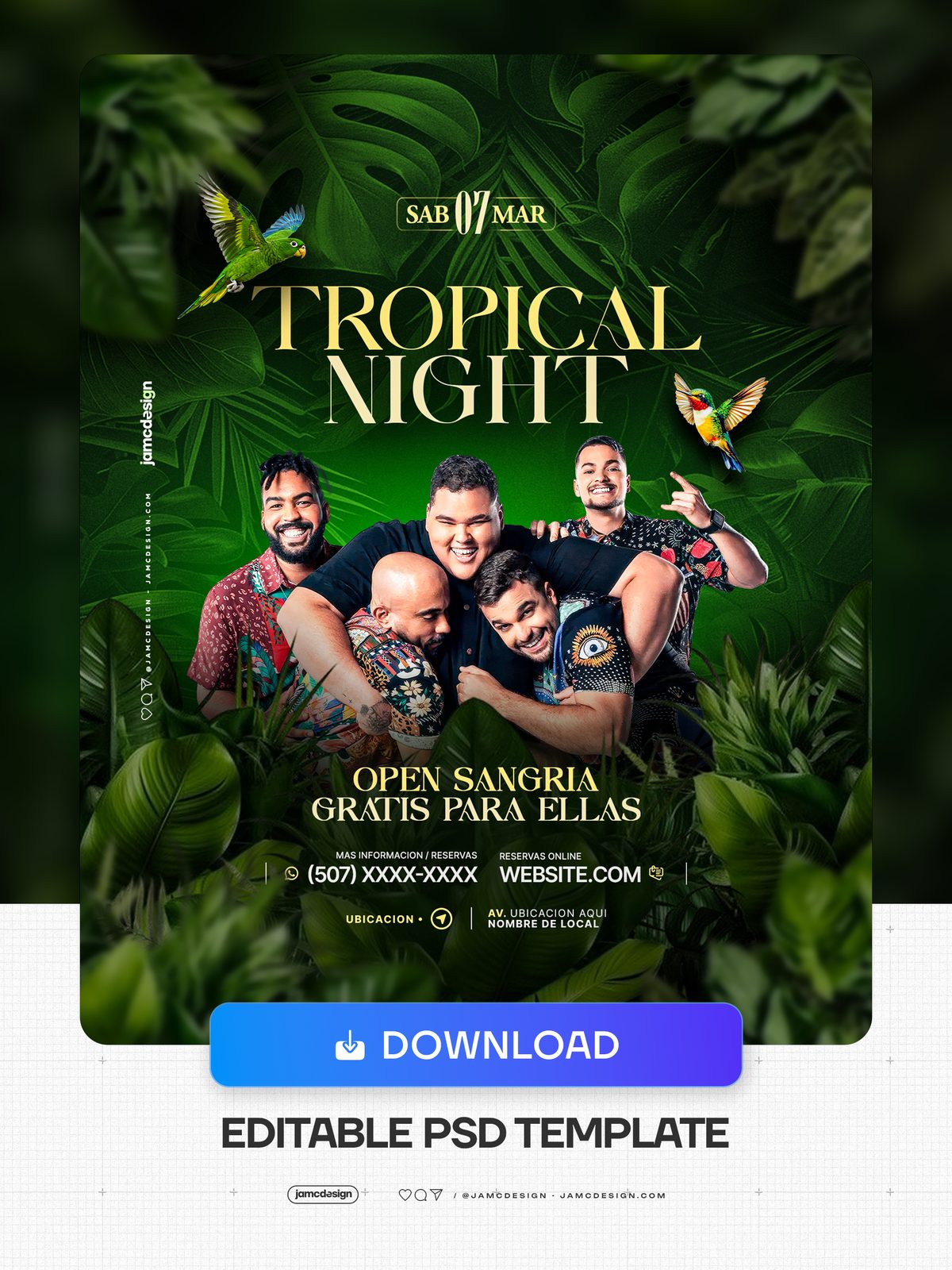 Tropical Night Flyer Template PSD. Editable PSD template for a tropical night event flyer with five smiling men posing together in patterned shirts — Additional preview