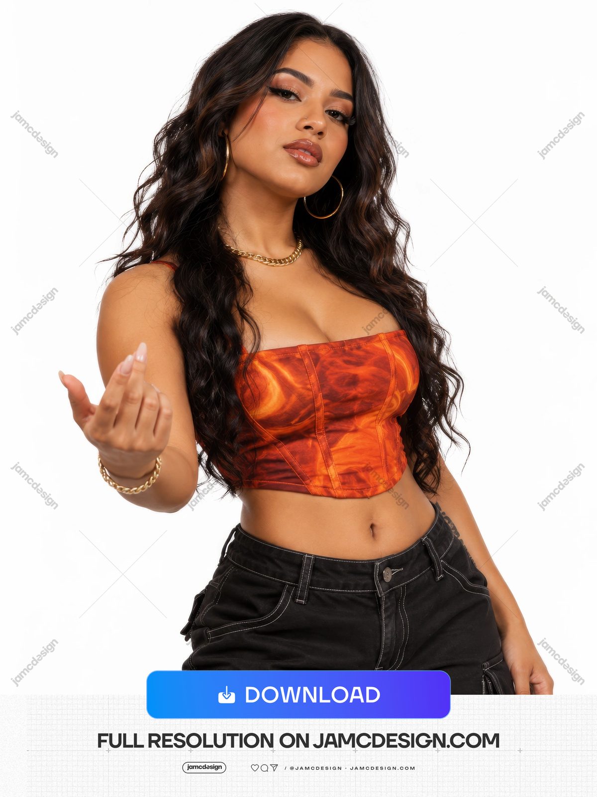 Brunette Woman In Orange Patterned Corset And Cargo Pants PNG. Download this PNG fashion photo of a brunette model wearing an orange patterned corset — Additional preview