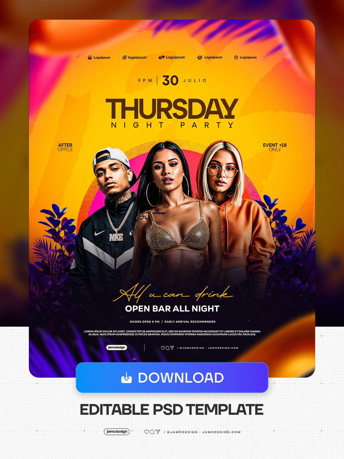 Thursday Night Social Media Flyer Template PSD Editable. Editable PSD template for a Thursday night party social media flyer — Additional preview