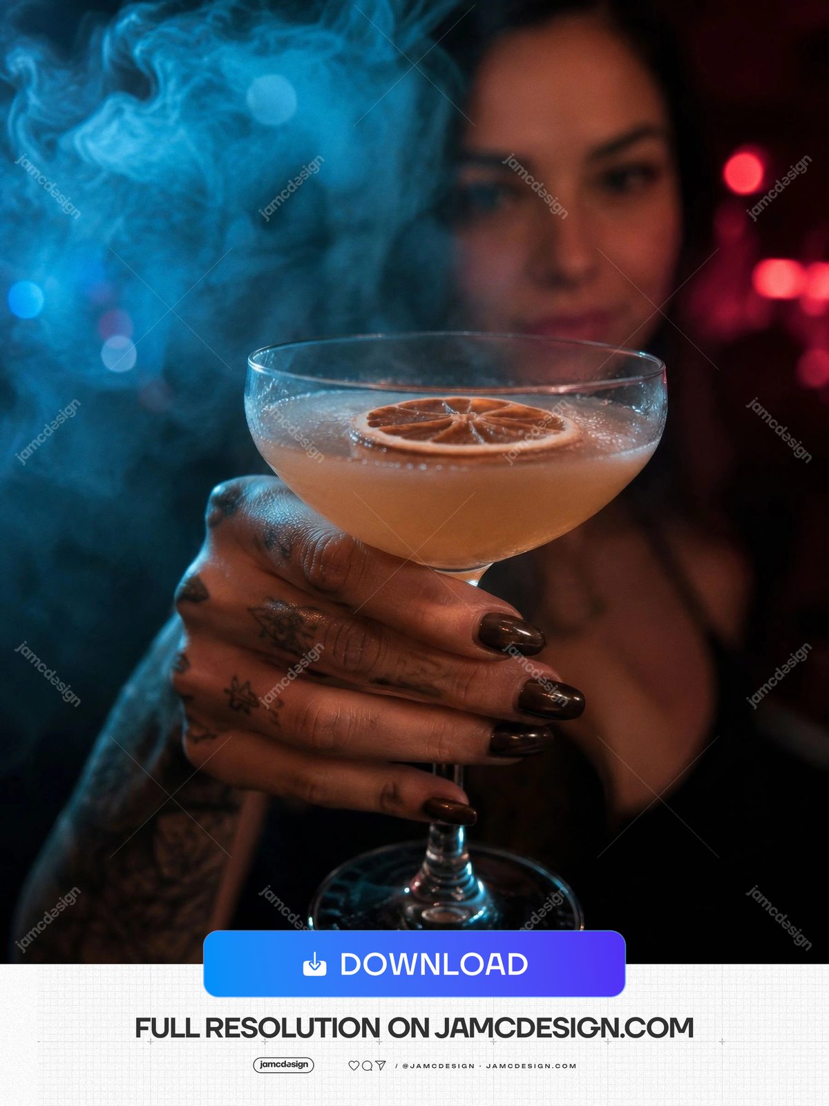 Tattooed Woman Holding Citrus Cocktail In Neon Club Blue Lit Model. JPG photo of a tattooed woman holding a citrus cocktail in a dark nightclub — Additional preview