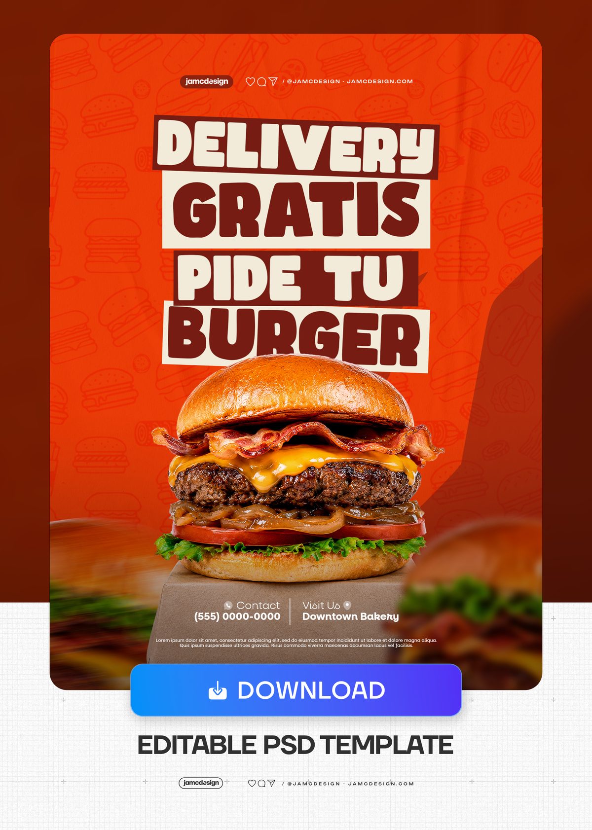 Plantilla De Flyer De Entrega Gratis De Hamburguesas Con Bacon Dorado PSD. Plantilla editable en PSD para redes sociales — Vista previa adicional