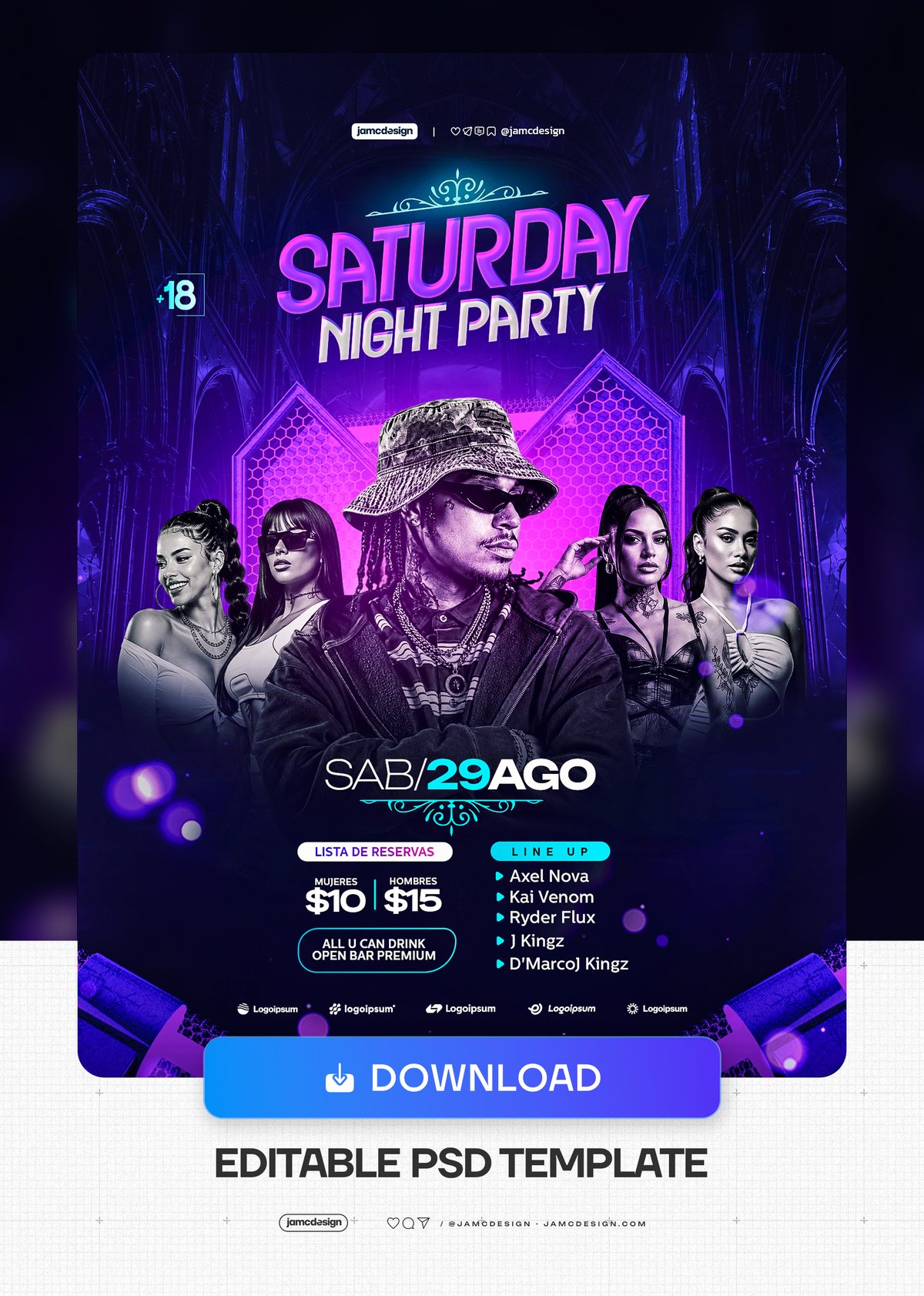 Saturday Night Party Flyer PSD With Purple Panels. Editable PSD template for a Saturday night party event flyer — Additional preview