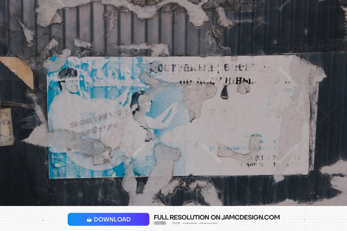 Urban Wall Texture With Faded Blue Torn Posters. This JPG texture shows torn paper posters across a dark, weathered urban wall — Additional preview