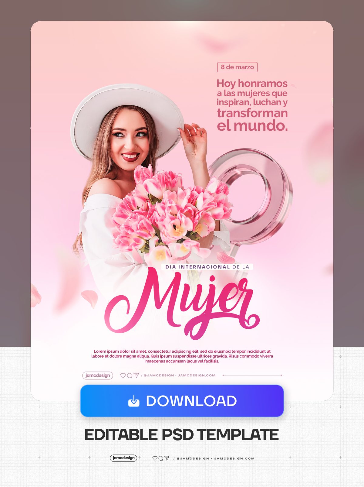 Women's Day Flyer On A Pink Background PSD. Editable PSD template for a Women's Day event flyer featuring a smiling woman in a wide-brimmed white hat — Additional preview