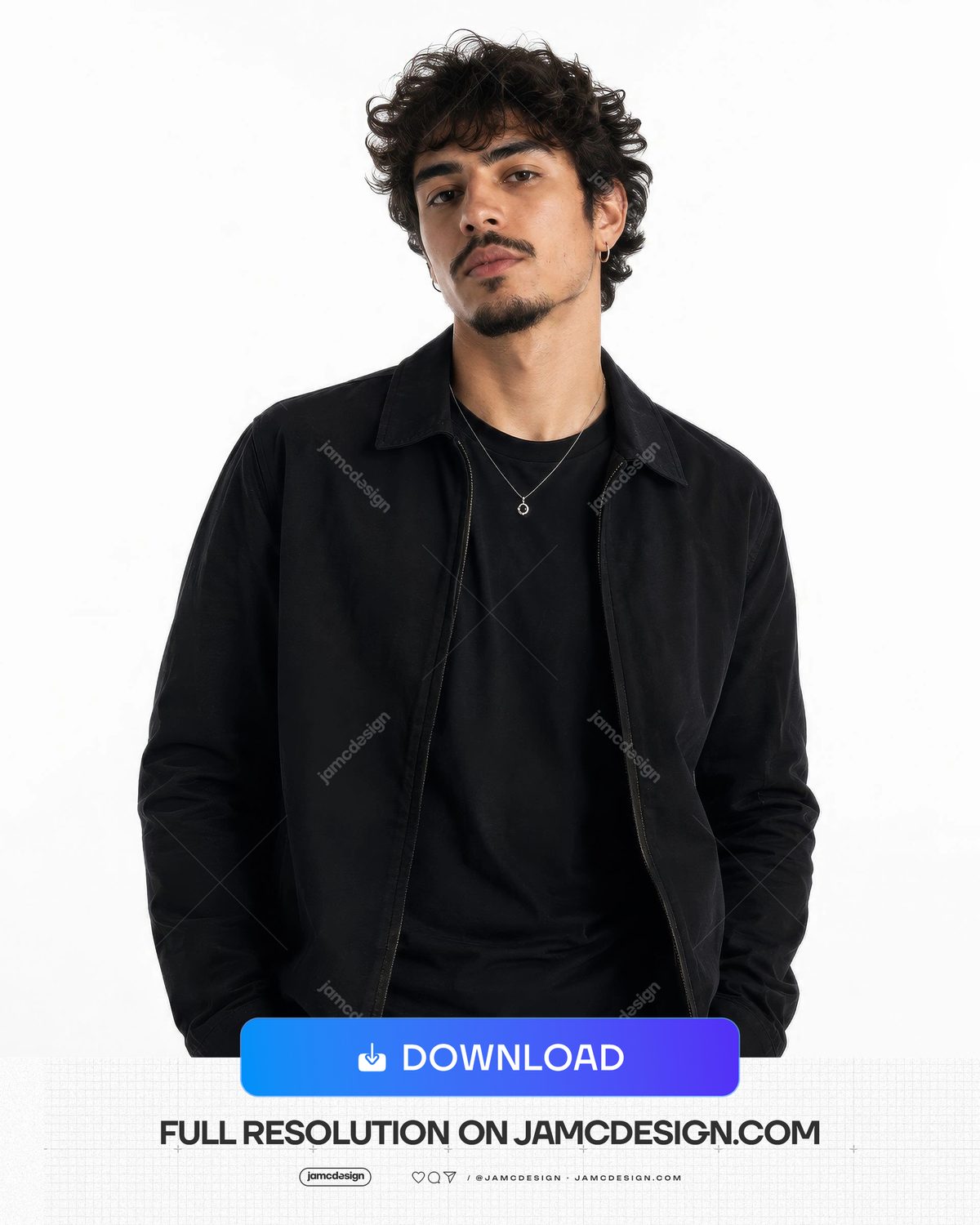 Urban Male Artist Black Outfit Studio Silver Necklace Portrait JPG. JPG photo of a curly haired male model in an all black outfit — Additional preview
