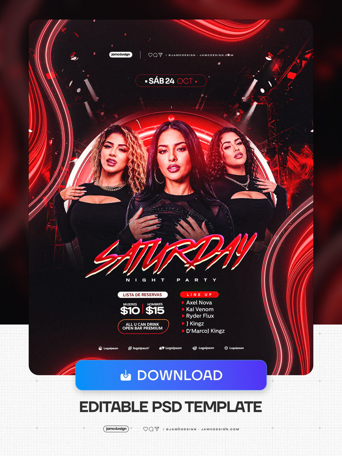 Flyer PSD De Fiesta Nocturna Con Curvas Neón Rojas. Descarga esta plantilla editable de flyer de evento en PSD, con tres mujeres vestidas de negro — Vista previa adicional