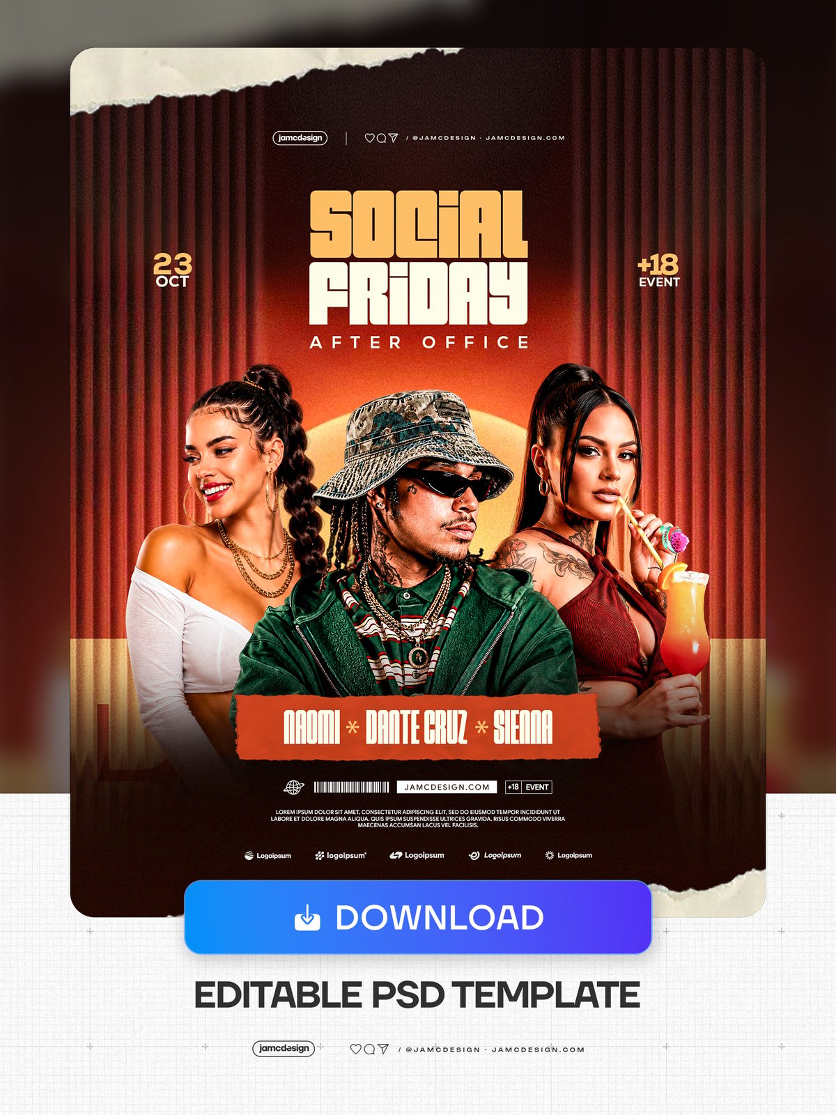 After Office Social Flyer Template With Curtains PSD. This editable PSD event flyer features three fashionably styled figures against red curtains — Additional preview