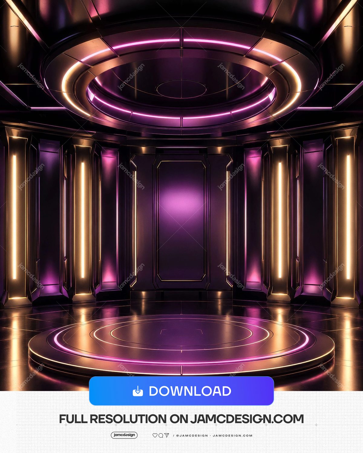 Pink Gold Luxury Futuristic Neon Stage Background. JPG background of a circular futuristic stage room with concentric magenta neon rings on a tiered platform — Additional preview
