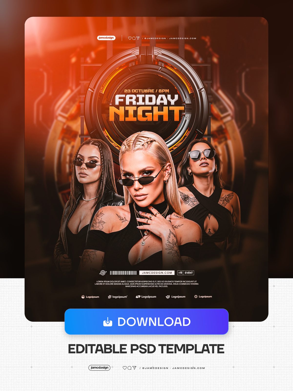 Friday Night Flyer Template With Metallic Ring PSD. This editable PSD event flyer places three women in sunglasses before a circular metallic structure — Additional preview