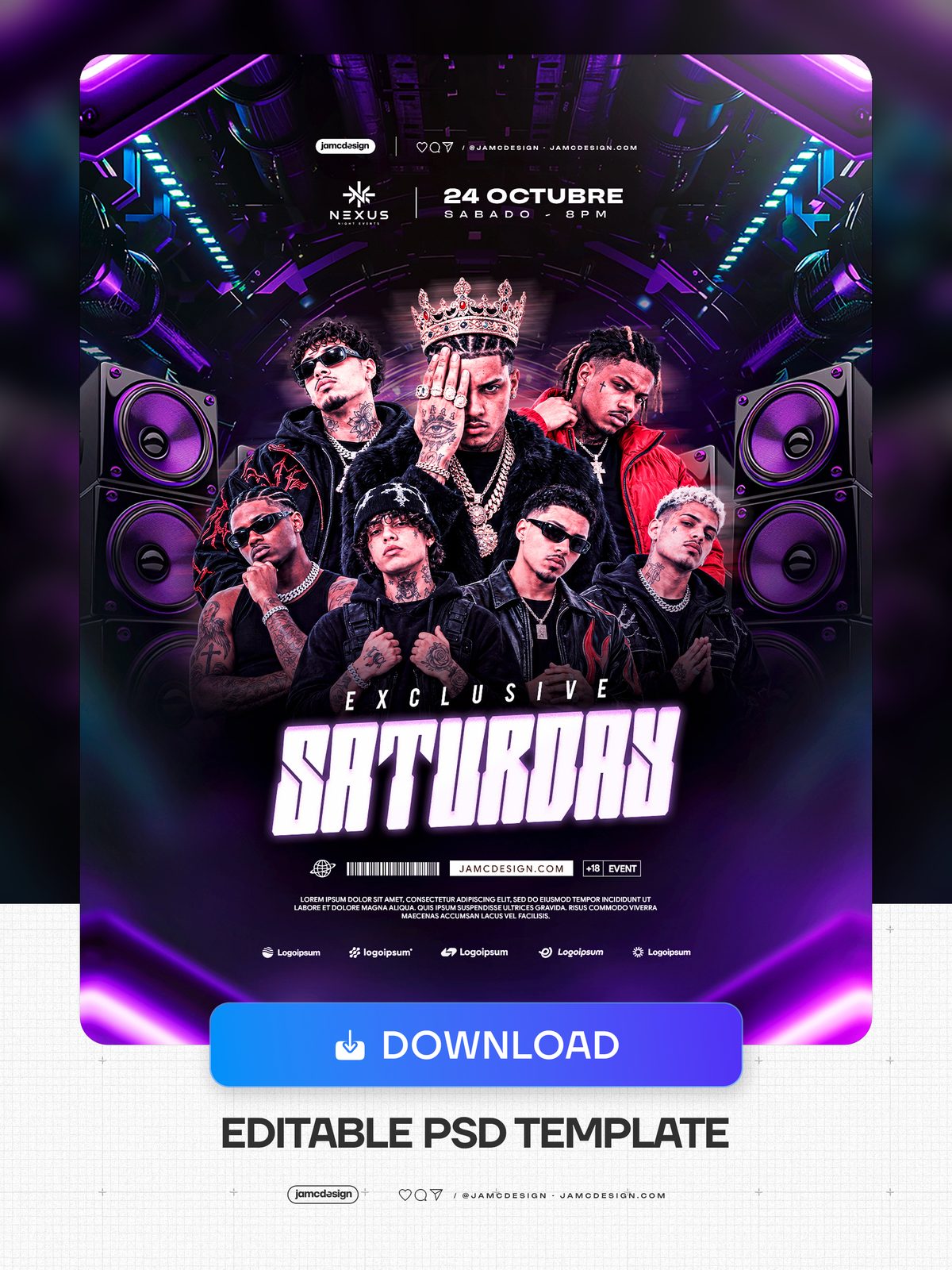 Purple Neon Saturday Event Flyer Template PSD. An editable PSD event flyer for a Saturday night, featuring a group of male performers — Additional preview