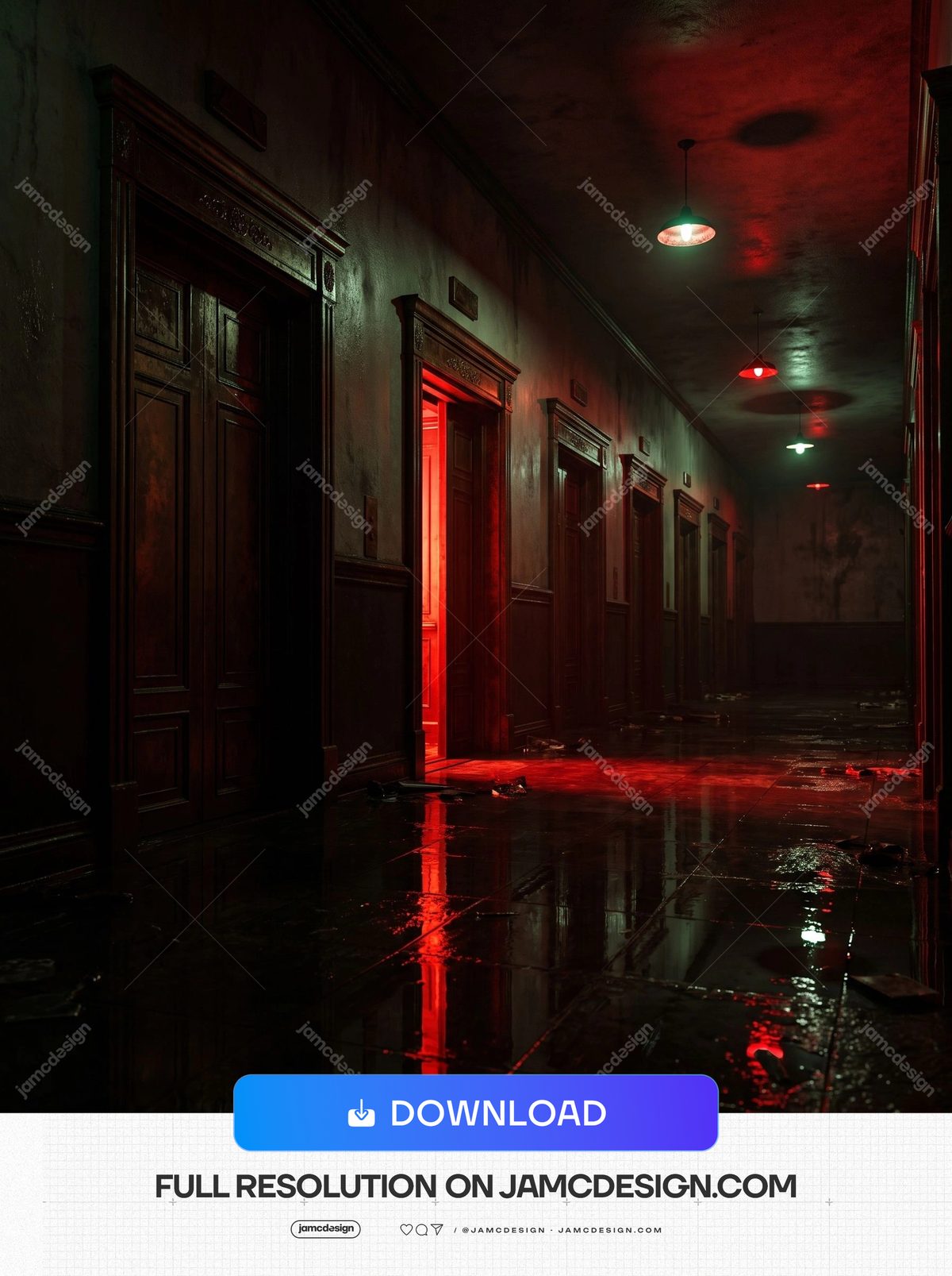 Red Teal Industrial Horror Hallway Dark Doors Background. JPG background showing a dark industrial hallway with ornate wooden doors — Additional preview