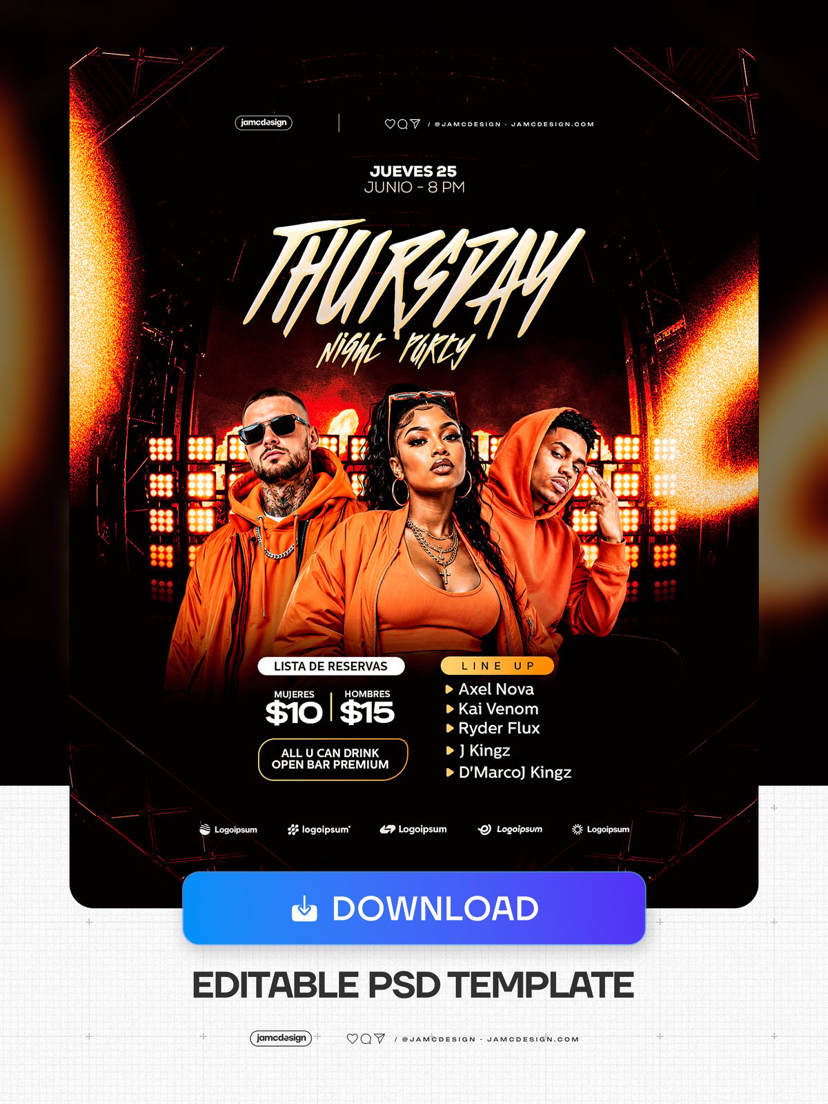 Thursday Nightlife Event Flyer PSD With Orange Lighting. Editable PSD template for a Thursday nightlife flyer with a dark composition — Additional preview