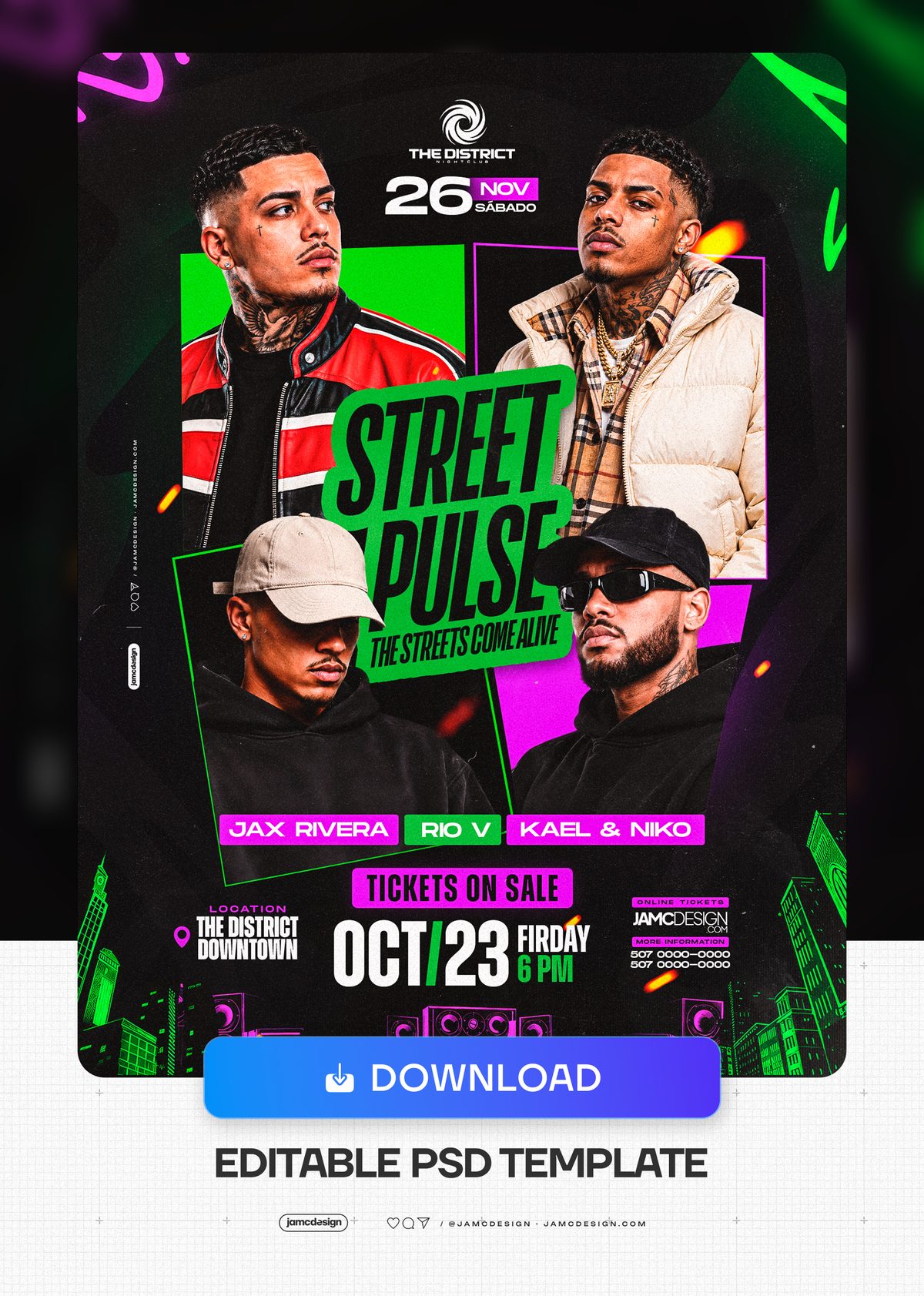 Street Pulse Urban Hip Hop Party Flyer Template PSD. Download this editable PSD event flyer for a hip hop gathering, featuring four male portraits — Additional preview