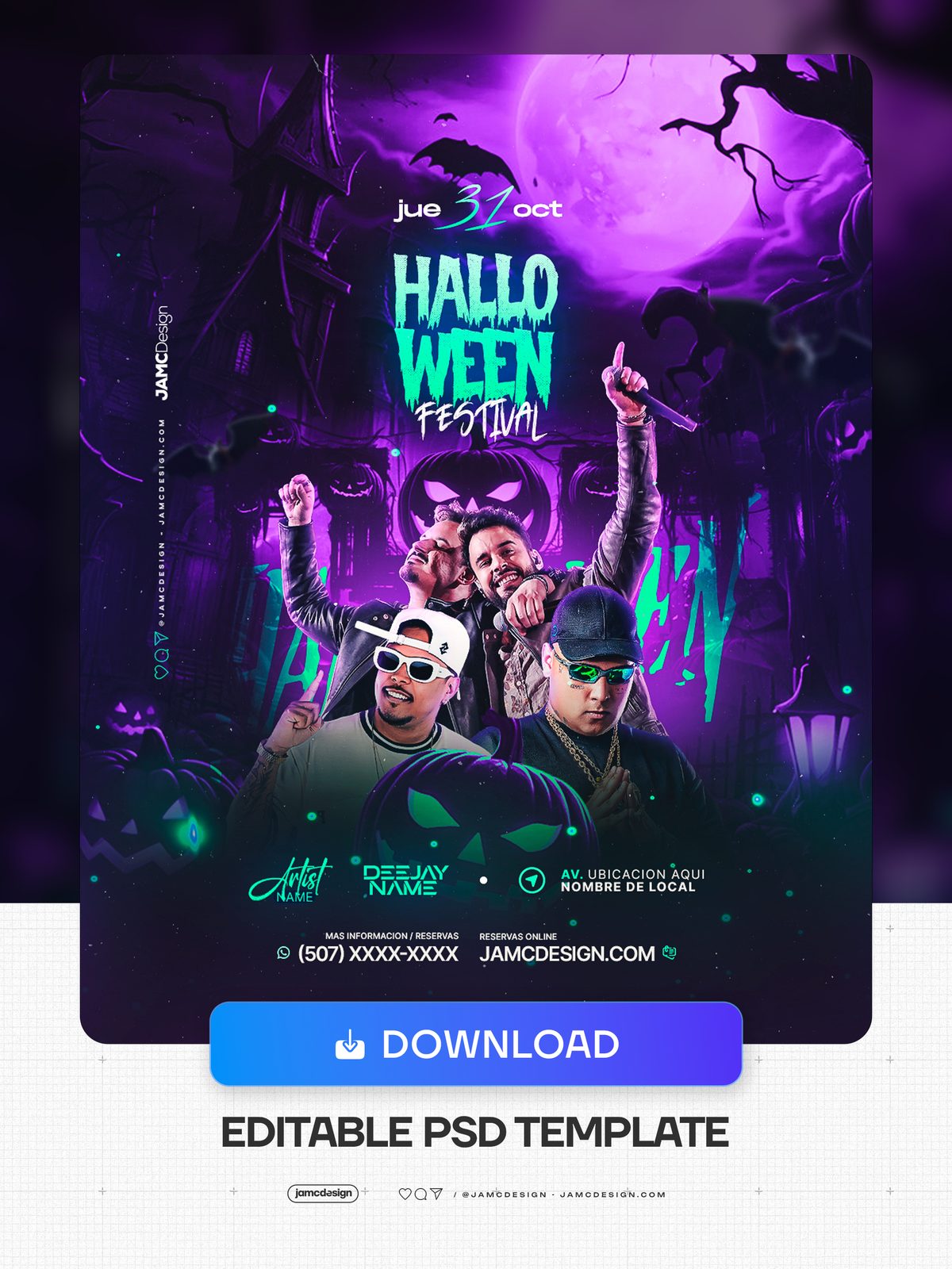 Halloween Festival Flyer Template PSD. Editable PSD template for a Halloween festival flyer with a haunted house, full moon — Additional preview
