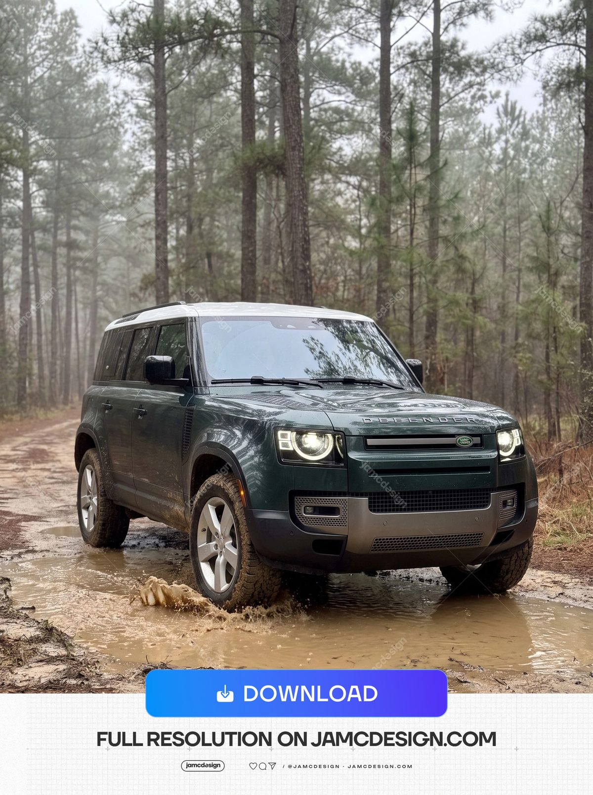 Land Rover Defender Crossing Muddy Forest Puddles. A JPG photo shows a dark green off road vehicle crossing a muddy forest track — Additional preview