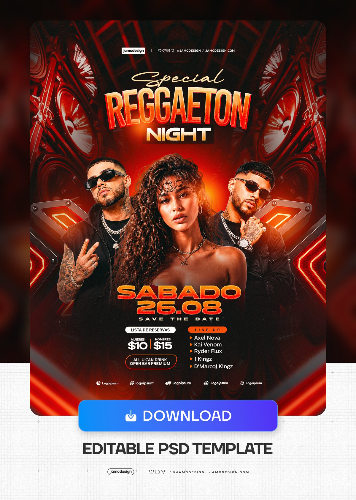 Reggaeton Night Red Neon Portrait Flyer PSD. Editable PSD event flyer for a reggaeton night, featuring three fashion styled figures against a dark red scene — Additional preview
