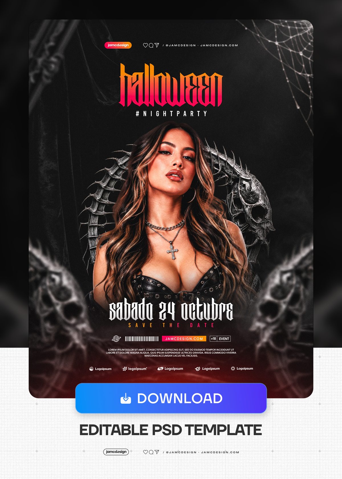 Halloween Party Flyer Template With Skeletal Motif PSD. This editable PSD Halloween party flyer features a woman in studded black attire against a dark web — Additional preview