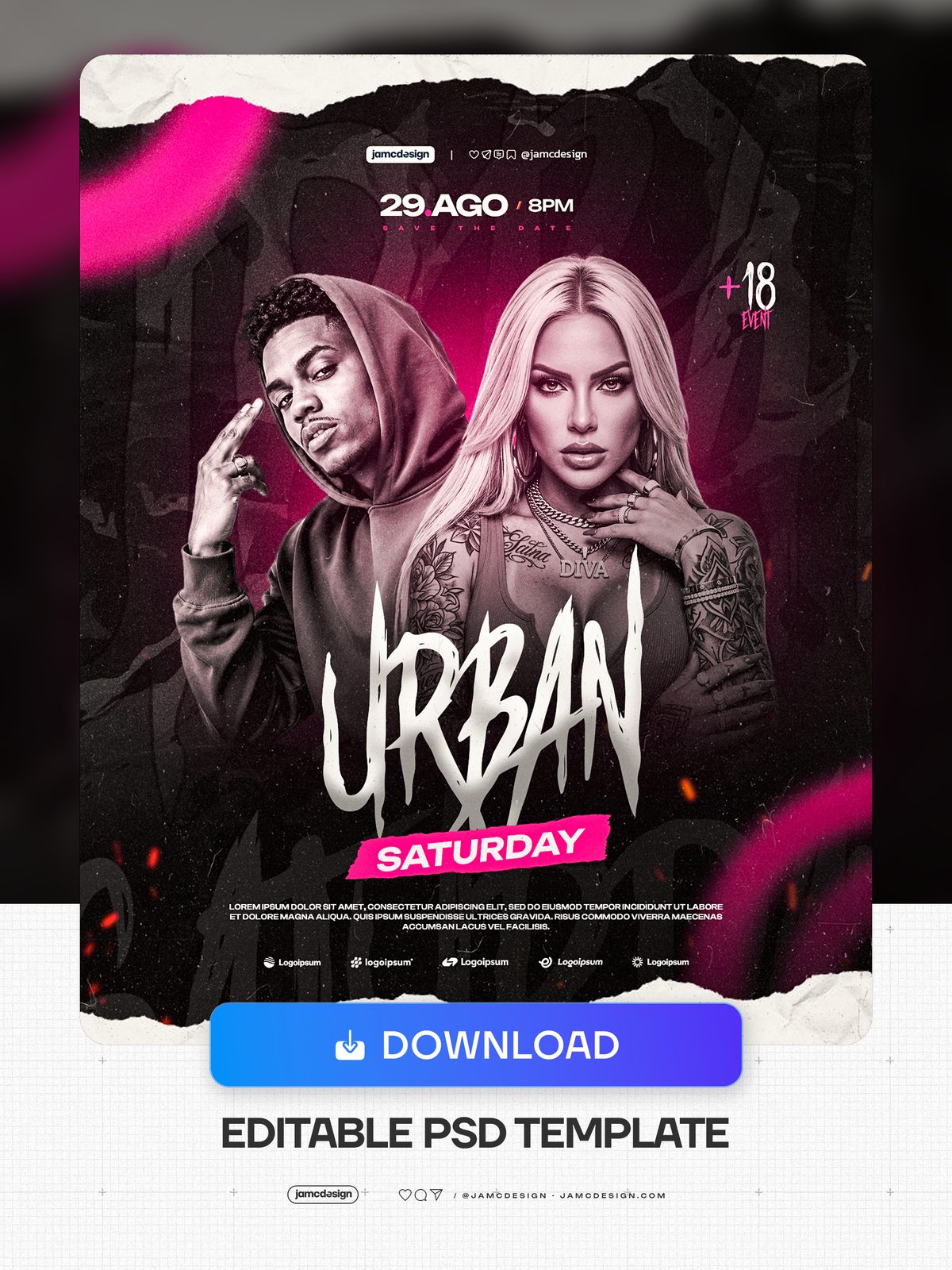 Urban Saturday Magenta Portrait Duo Event Flyer PSD. Editable PSD template for an event flyer featuring male and female portraits in a dark grunge composition — Additional preview